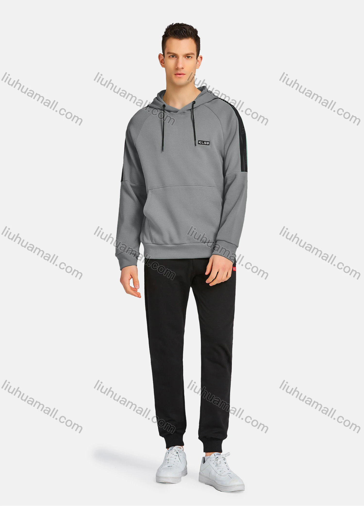 Wholesale Men's Athletic Workout Drawstring Long Sleeve Kangaroo Pocket Hoodie & Ankle Length Jogger 2 Piece Sports Set - Liuhuamall