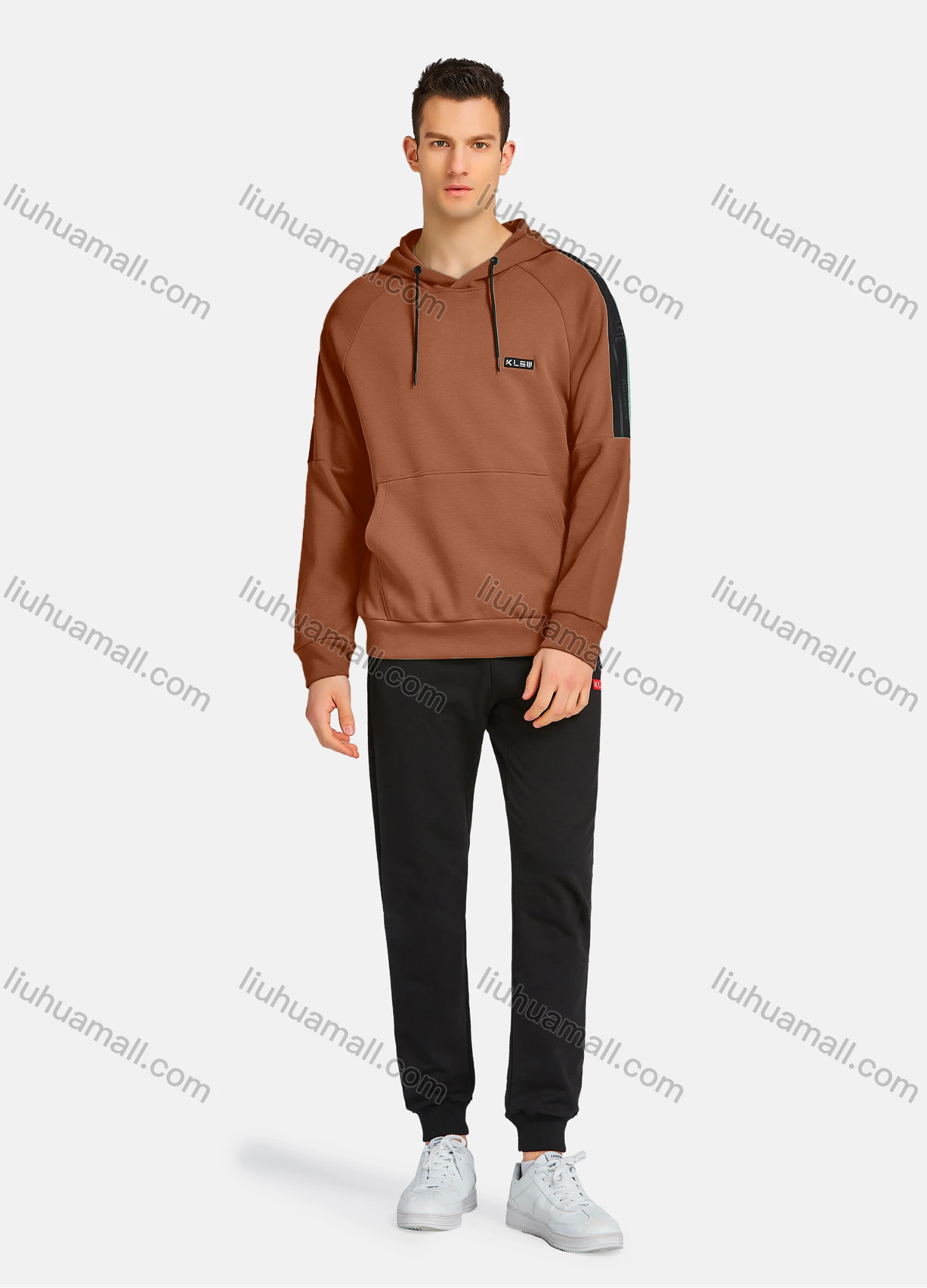 Wholesale Men's Athletic Workout Drawstring Long Sleeve Kangaroo Pocket Hoodie & Ankle Length Jogger 2 Piece Sports Set - Liuhuamall