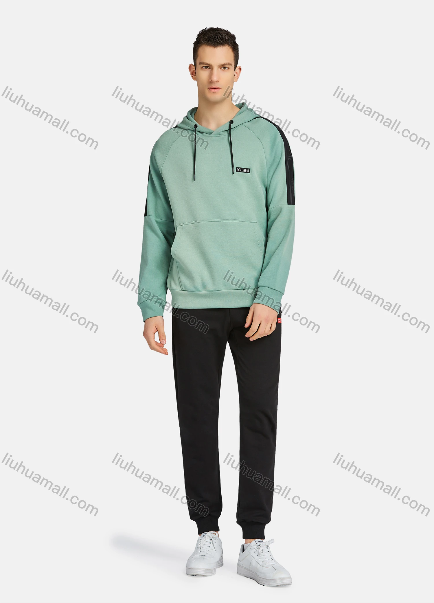Wholesale Men's Athletic Workout Drawstring Long Sleeve Kangaroo Pocket Hoodie & Ankle Length Jogger 2 Piece Sports Set - Liuhuamall