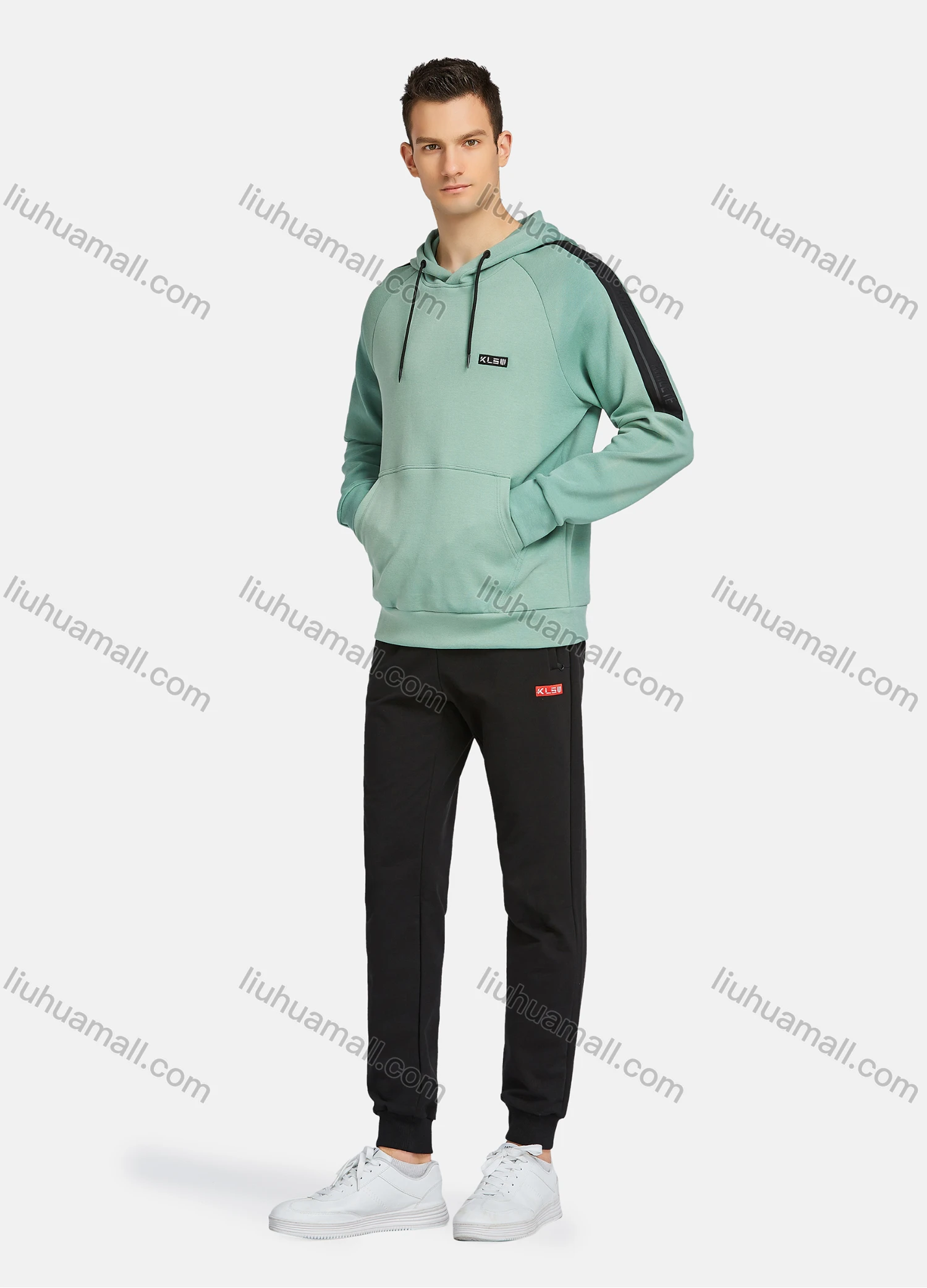 Wholesale Men's Athletic Workout Drawstring Long Sleeve Kangaroo Pocket Hoodie & Ankle Length Jogger 2 Piece Sports Set - Liuhuamall