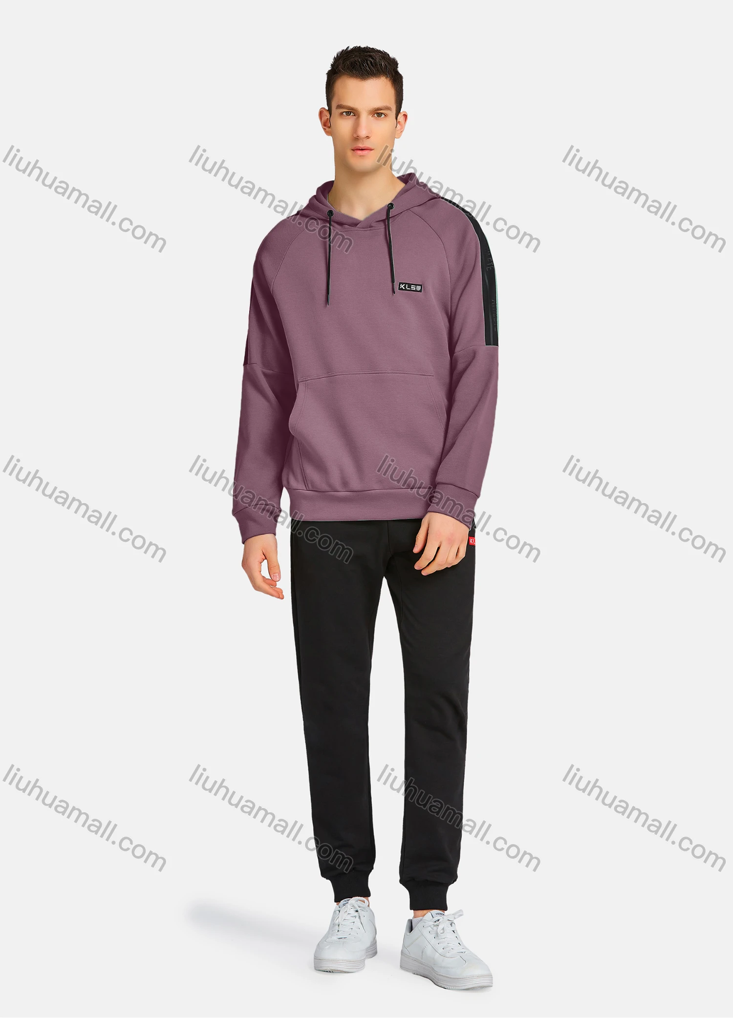 Wholesale Men's Athletic Workout Drawstring Long Sleeve Kangaroo Pocket Hoodie & Ankle Length Jogger 2 Piece Sports Set - Liuhuamall