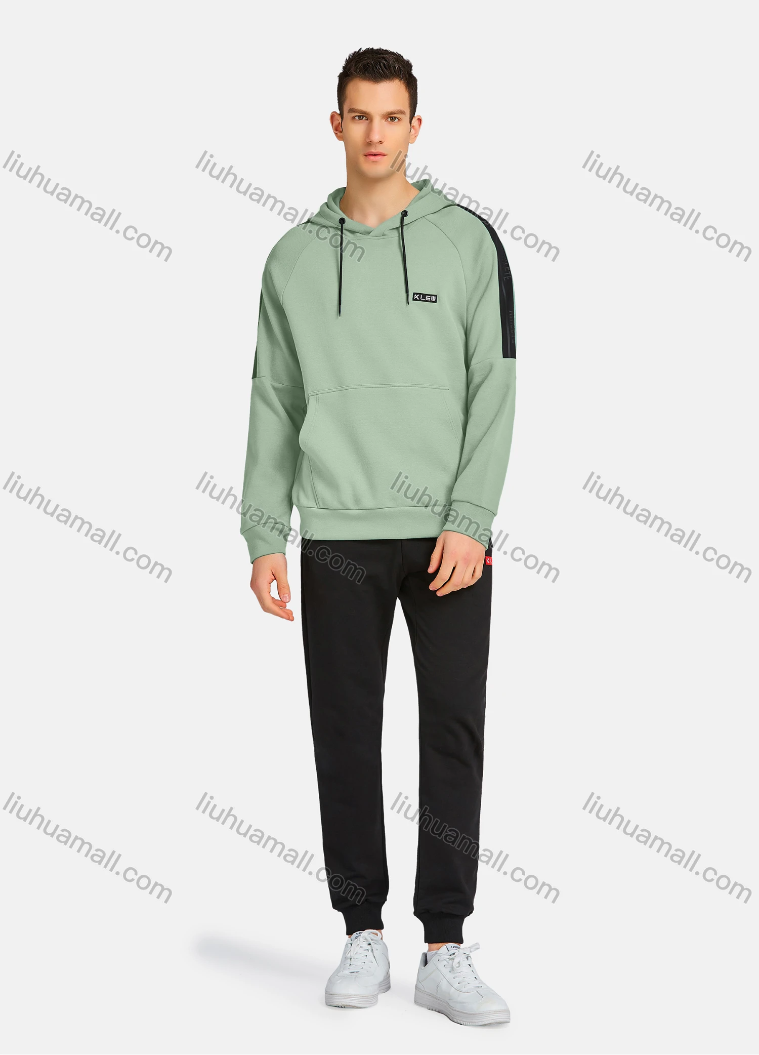 Wholesale Men's Athletic Workout Drawstring Long Sleeve Kangaroo Pocket Hoodie & Ankle Length Jogger 2 Piece Sports Set - Liuhuamall