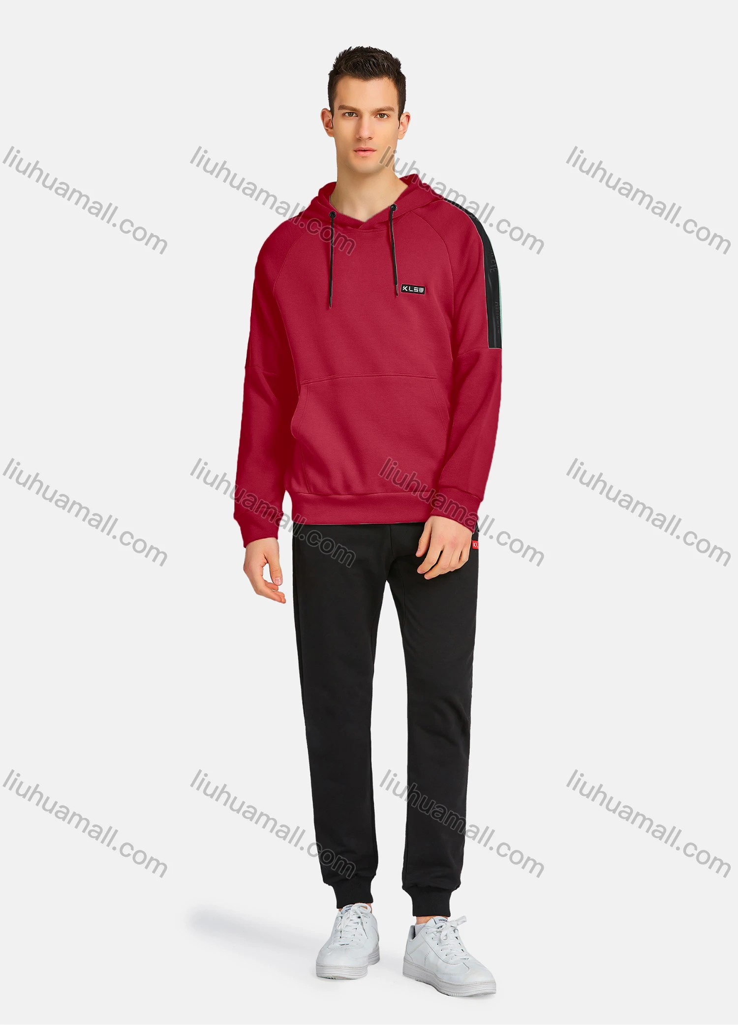 Wholesale Men's Athletic Workout Drawstring Long Sleeve Kangaroo Pocket Hoodie & Ankle Length Jogger 2 Piece Sports Set - Liuhuamall
