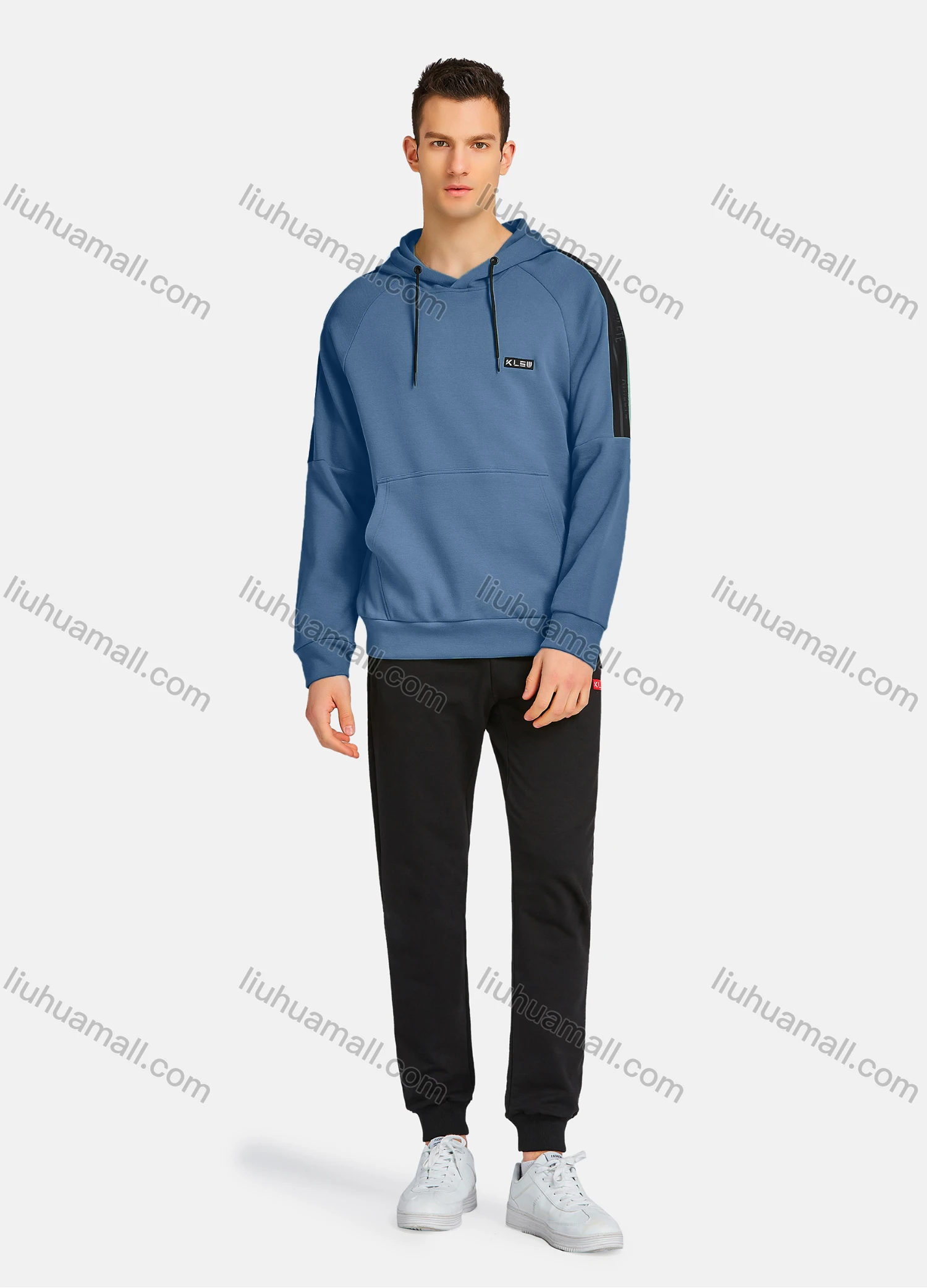 Wholesale Men's Athletic Workout Drawstring Long Sleeve Kangaroo Pocket Hoodie & Ankle Length Jogger 2 Piece Sports Set - Liuhuamall