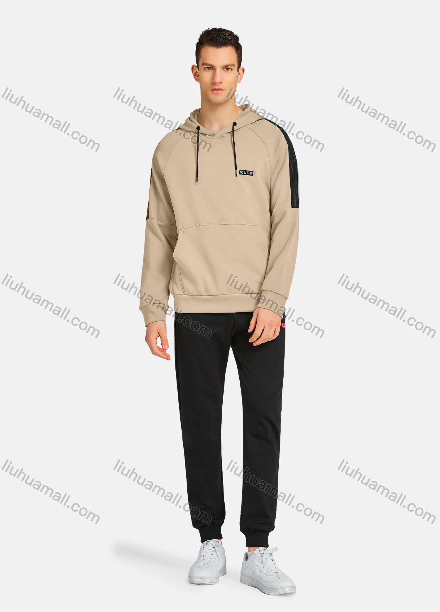 Wholesale Men's Athletic Workout Drawstring Long Sleeve Kangaroo Pocket Hoodie & Ankle Length Jogger 2 Piece Sports Set - Liuhuamall