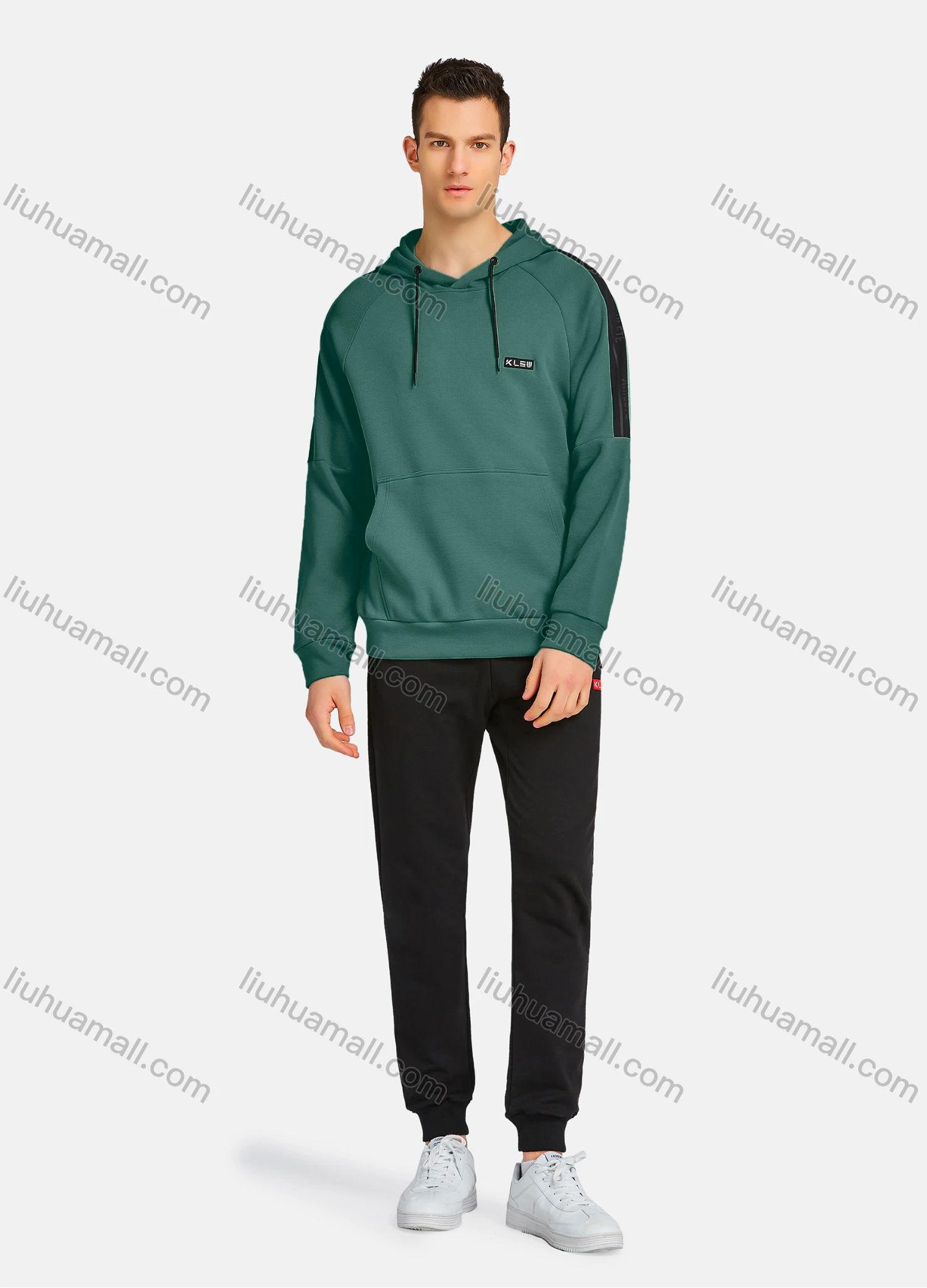 Wholesale Men's Athletic Workout Drawstring Long Sleeve Kangaroo Pocket Hoodie & Ankle Length Jogger 2 Piece Sports Set - Liuhuamall