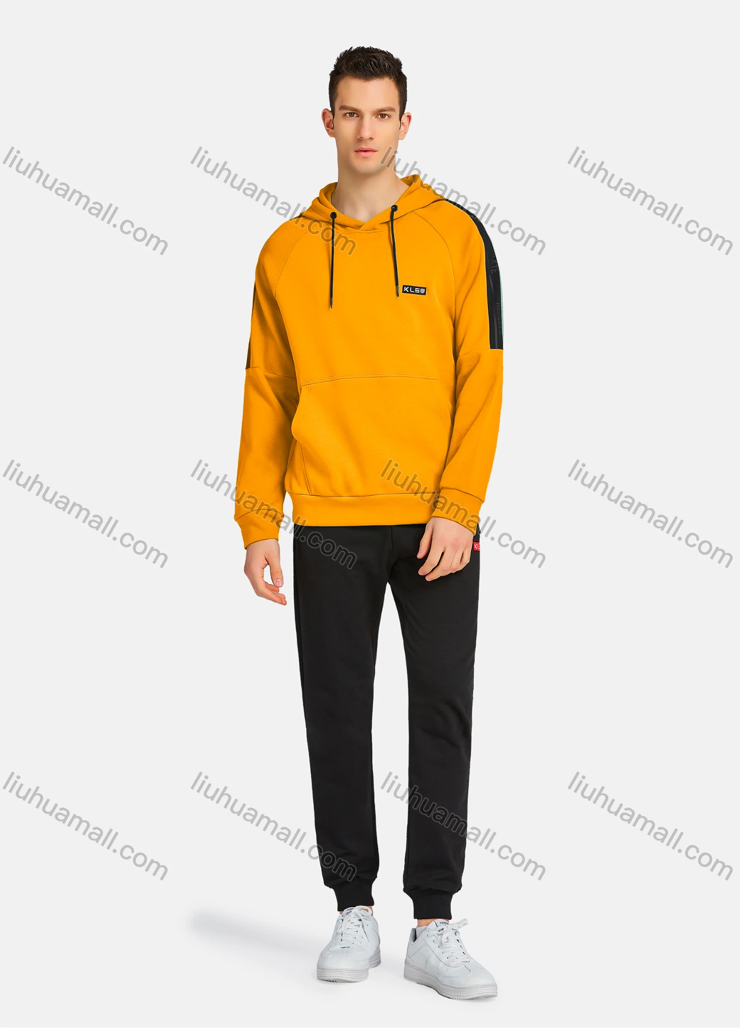 Wholesale Men's Athletic Workout Drawstring Long Sleeve Kangaroo Pocket Hoodie & Ankle Length Jogger 2 Piece Sports Set - Liuhuamall