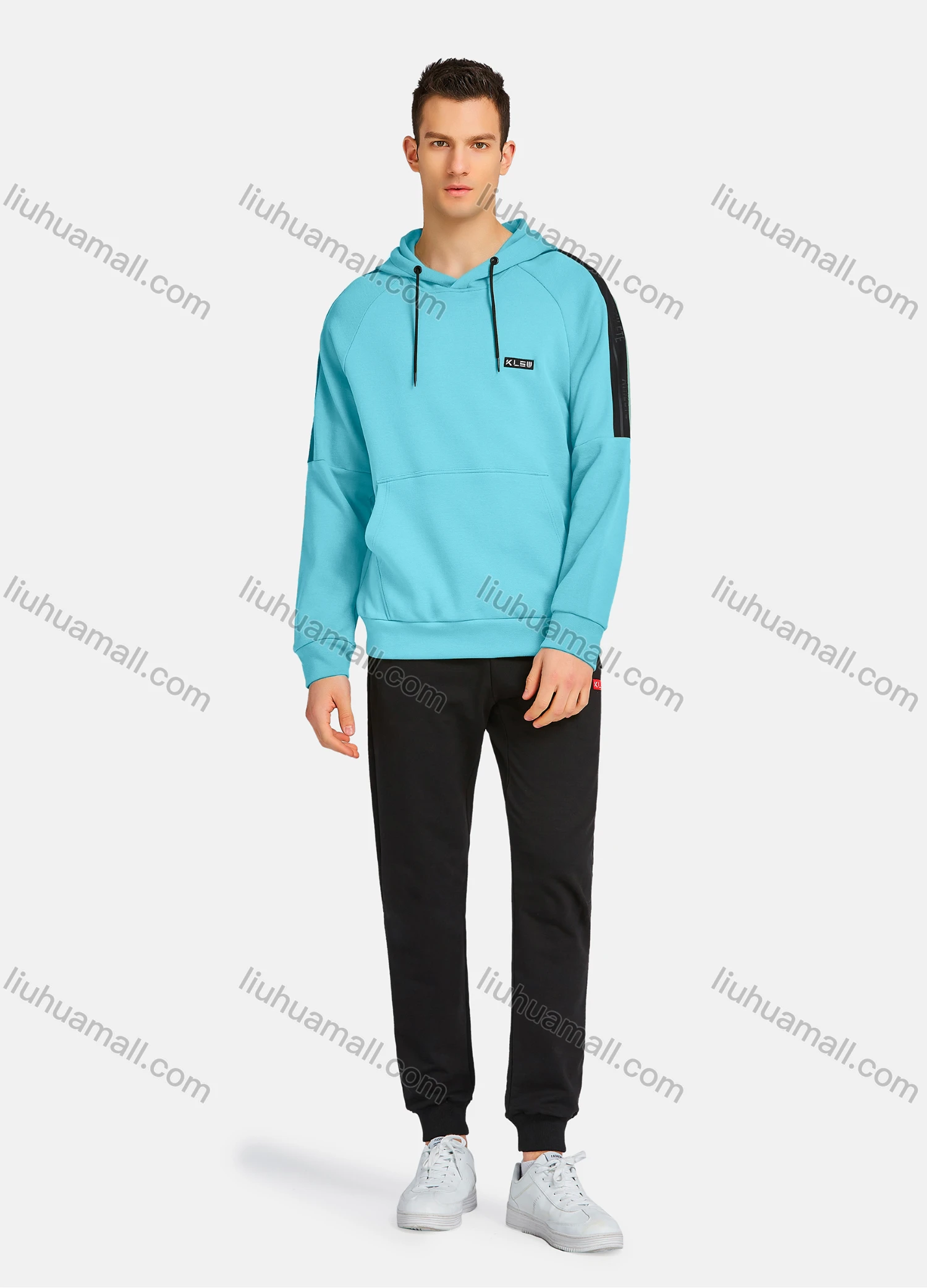 Wholesale Men's Athletic Workout Drawstring Long Sleeve Kangaroo Pocket Hoodie & Ankle Length Jogger 2 Piece Sports Set - Liuhuamall