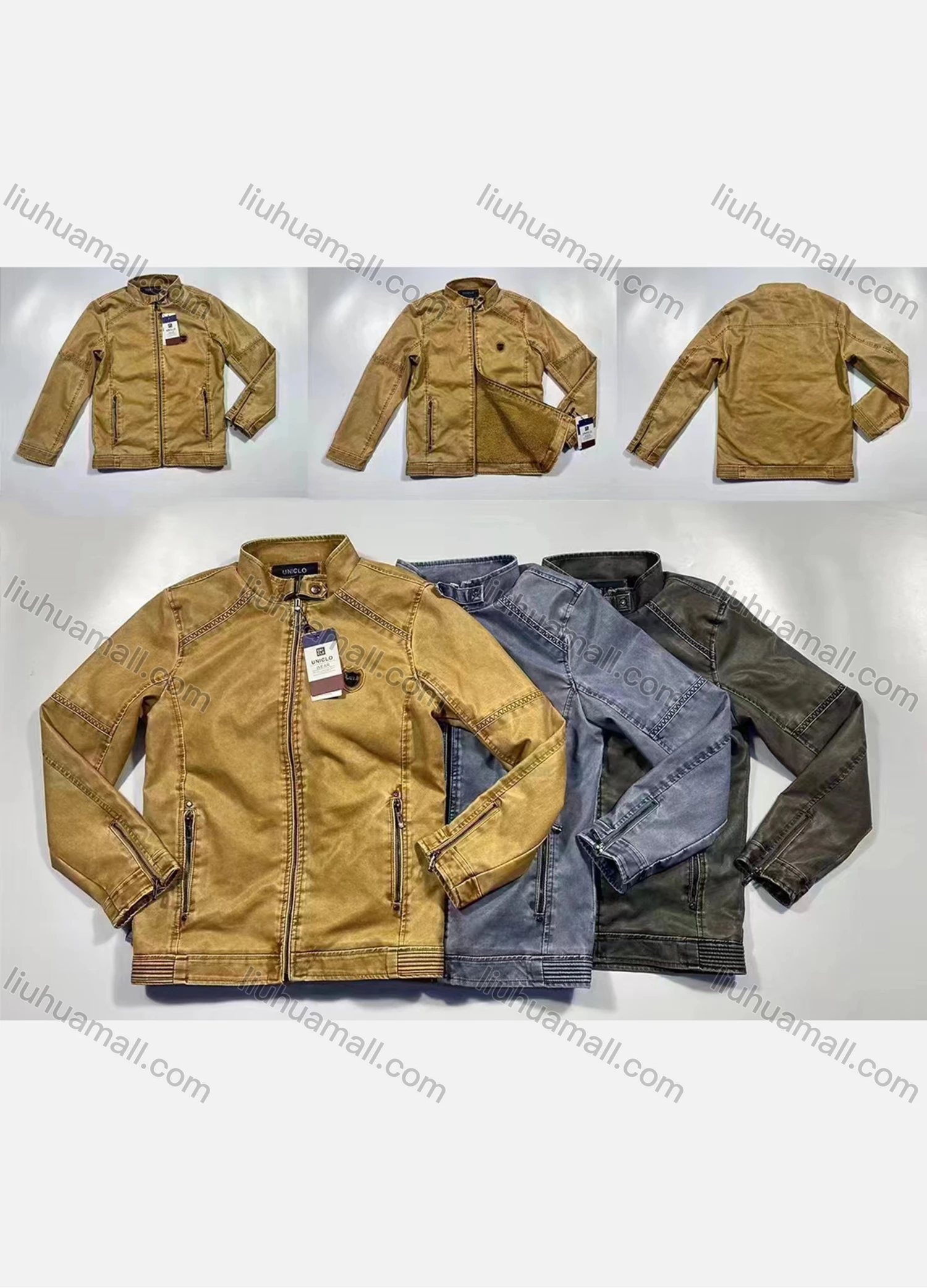 Wholesale Men's Casual Windproof Stand Collar Leather Biker Jacket 5-507# - Liuhuamall