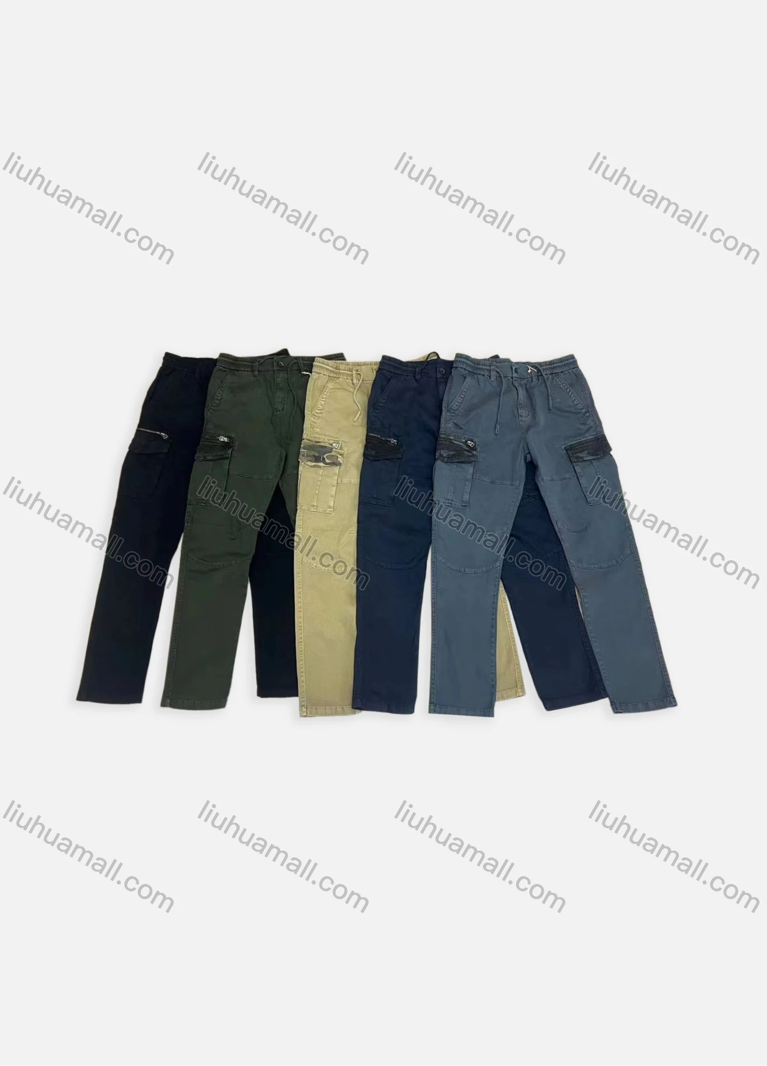Wholesale Men's Casual Plain Drawstring Multiple Pockets Ankle Length Cargo Pants AK7369# - Liuhuamall