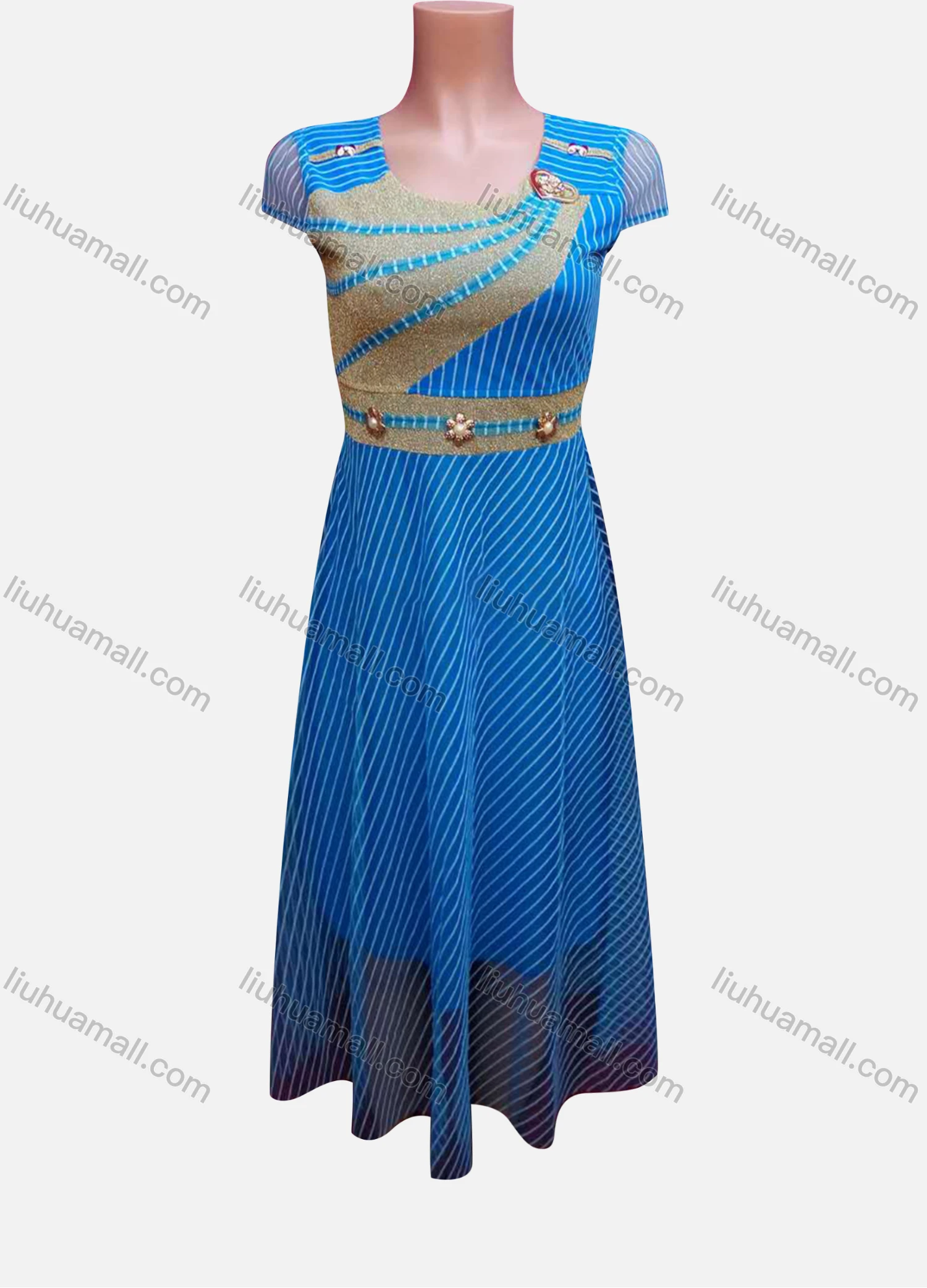 Wholesale Women's Vintage Cap Sleeve Striped Buckle Decor Maxi Dress - Liuhuamall