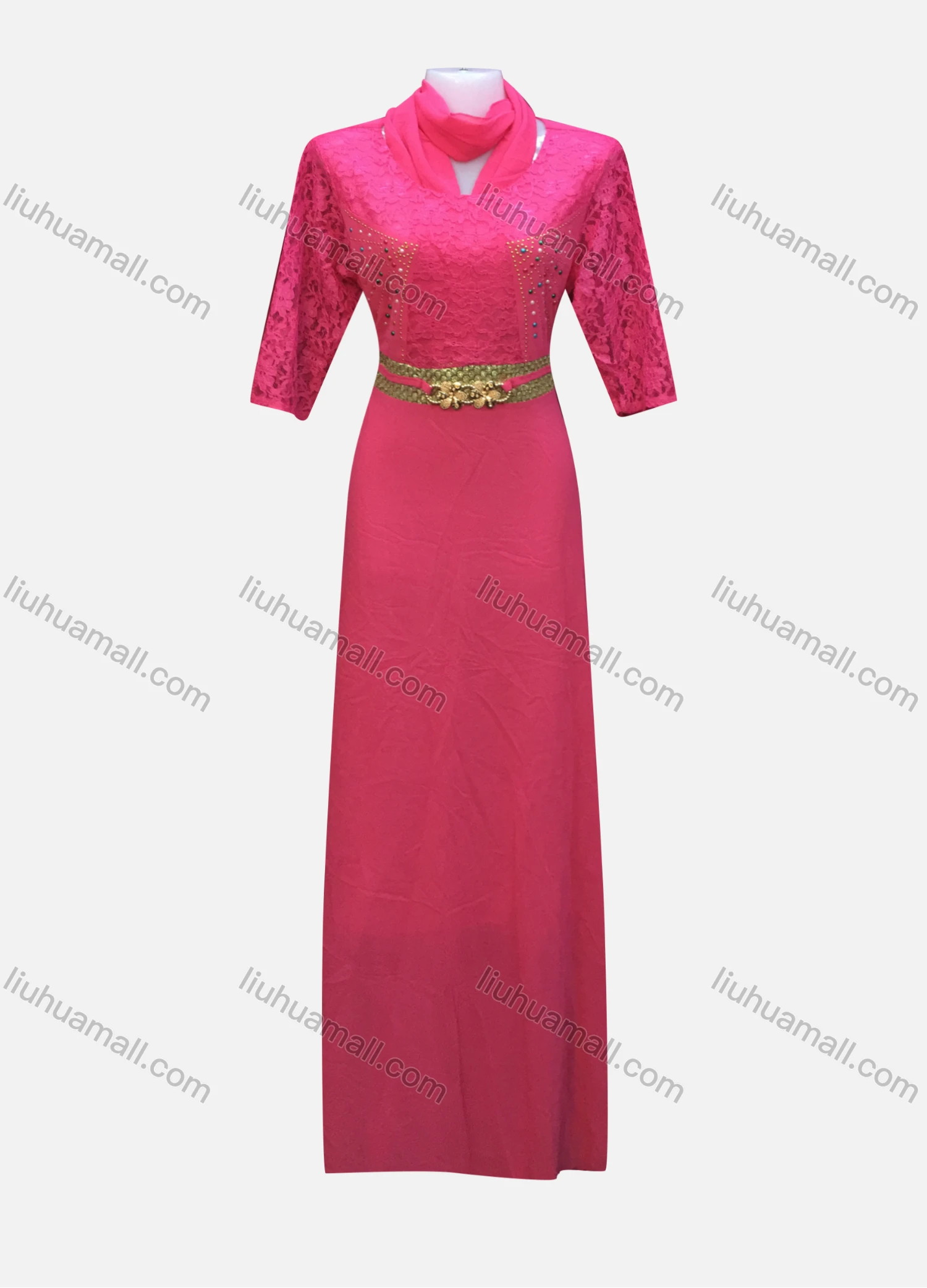 Wholesale Women's Vintage Gold Thread Embroidery Rhinestone Maxi Dress With Scarf - Liuhuamall