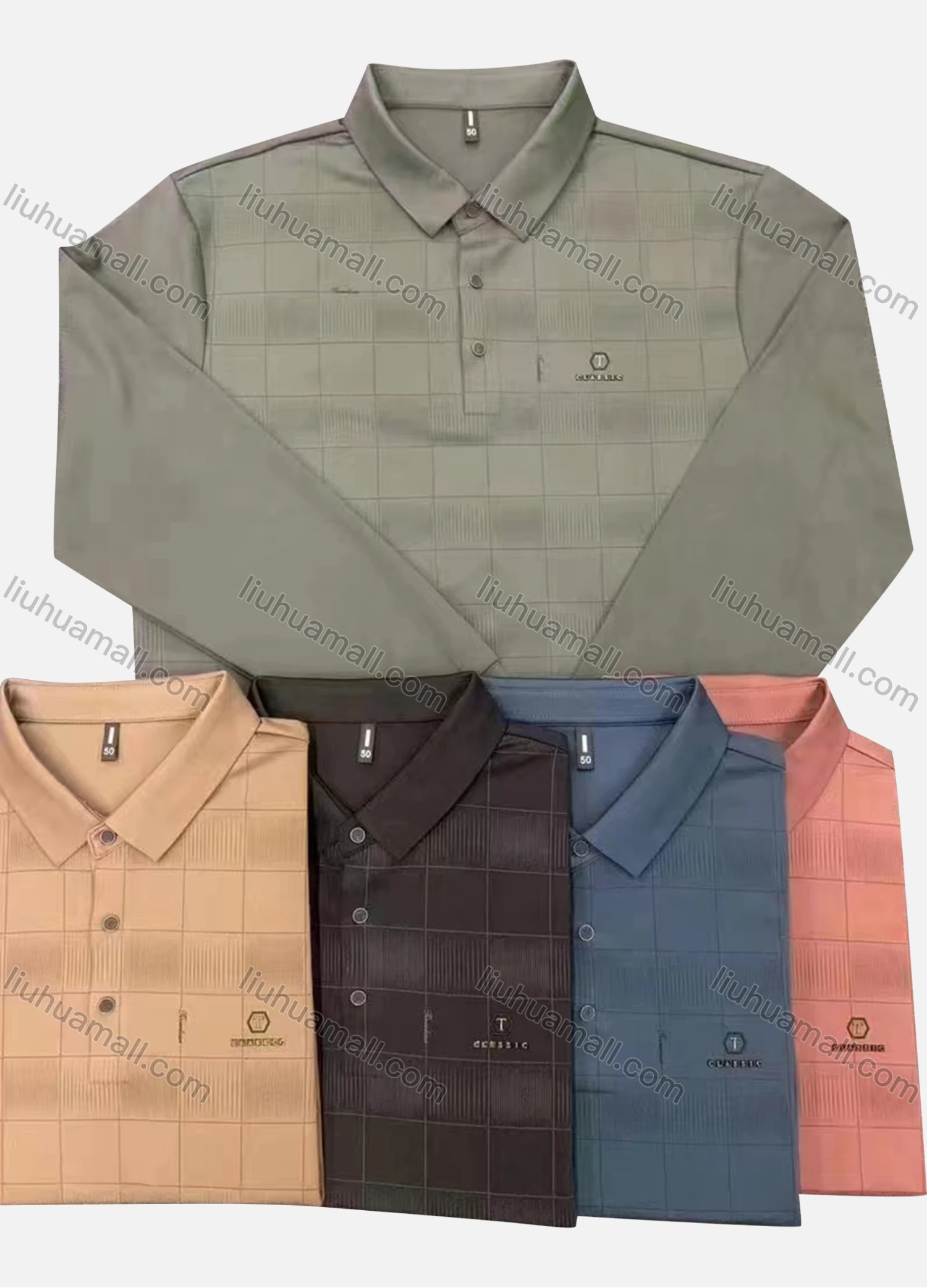 Wholesale Men's Casual Plaid Print Long Sleeve Polo Shirt - Liuhuamall