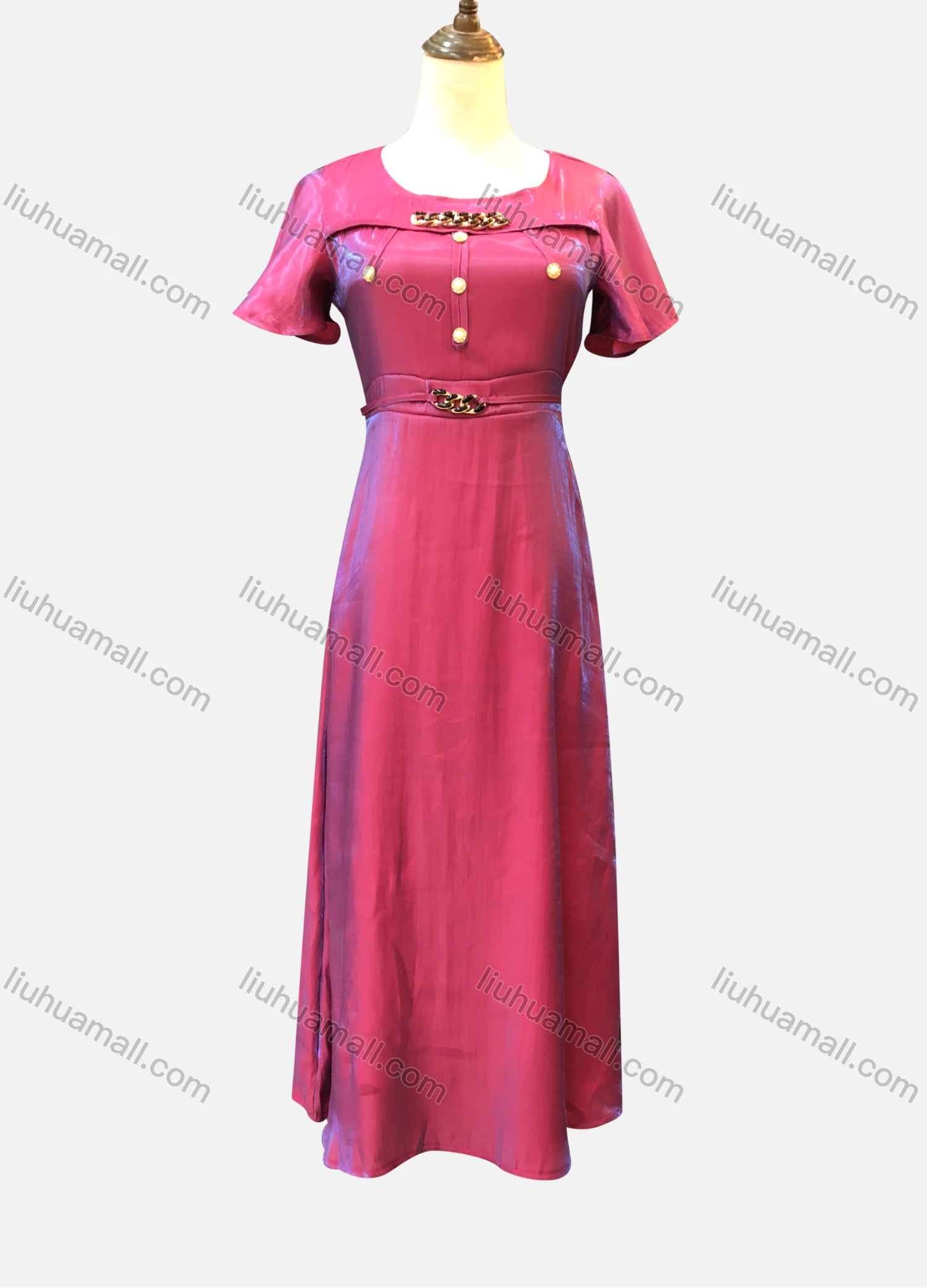 Wholesale Women's Casual Crew Neck Short Sleeve Button Decor Maxi Dress - Liuhuamall