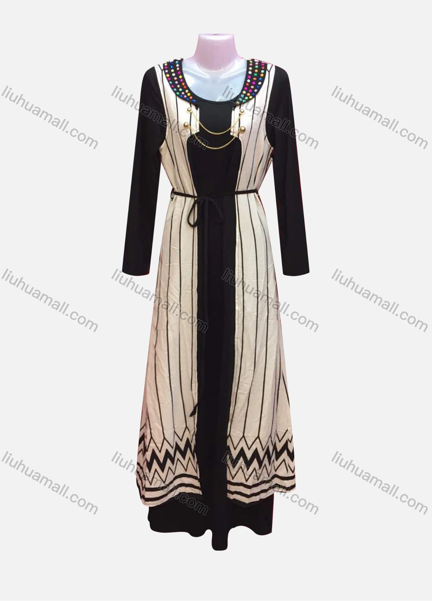 Wholesale Women's Vintage Scoop Neck Long Sleeve Lace Up Chain Decor Maxi Dress - Liuhuamall