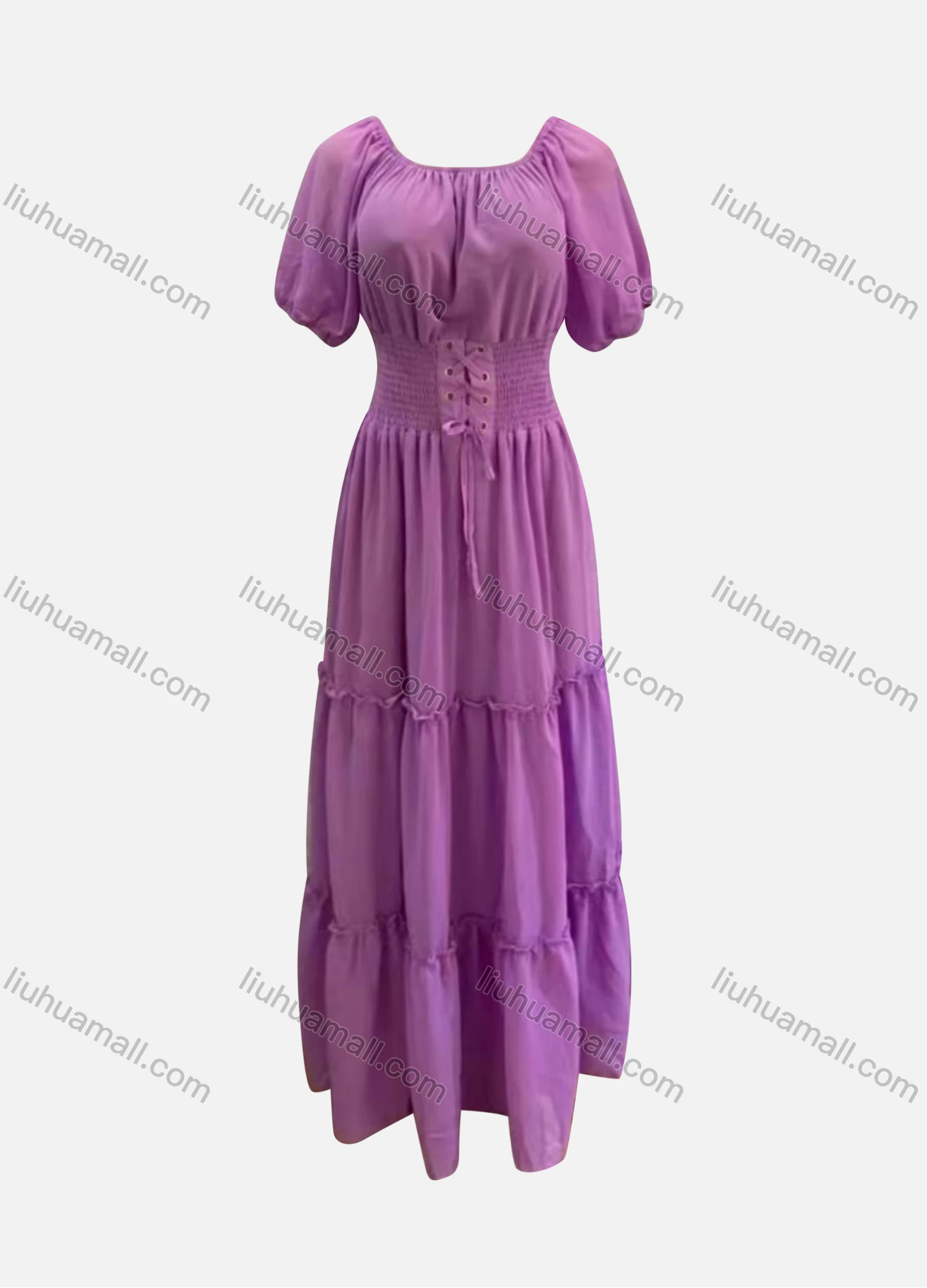 Wholesale Women's Casual Square Neck Drawstring Puff Sleeve Tiered Maxi Dress - Liuhuamall