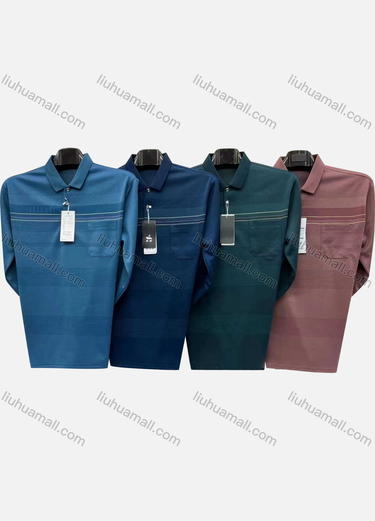 Wholesale Men's Casual Striped Patch Pocket Long Sleeve Polo Shirt 631# - Liuhuamall