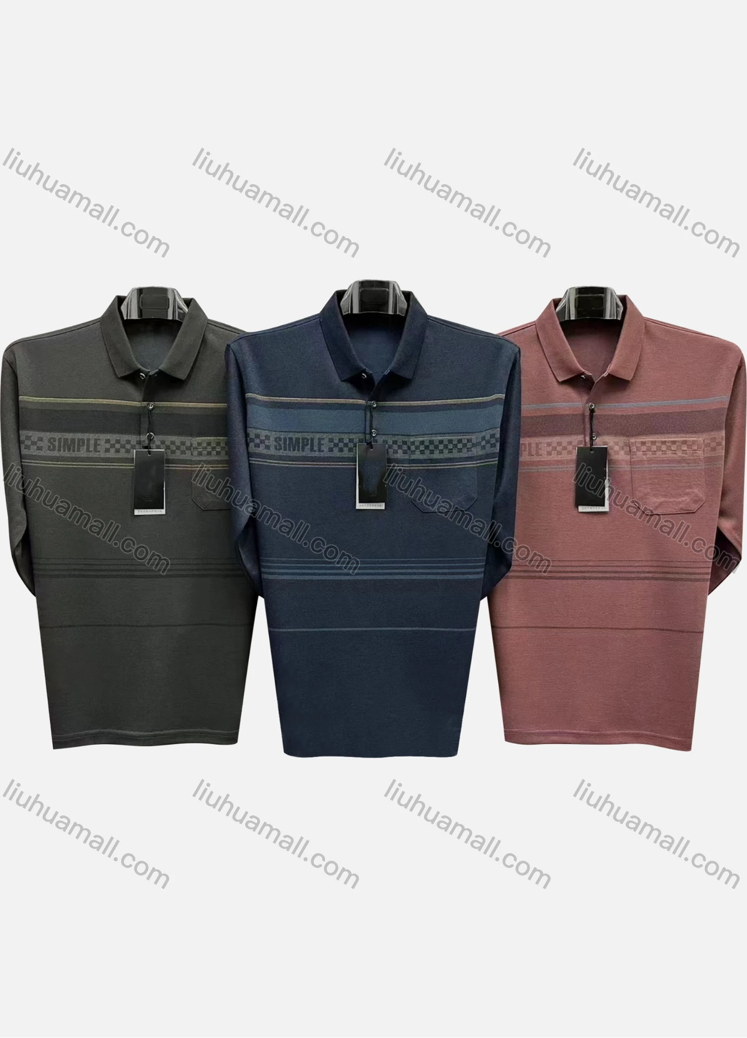 Wholesale Men's Casual Checkerboard Striped Patch Pocket Long Sleeve Polo Shirt 889# - Liuhuamall
