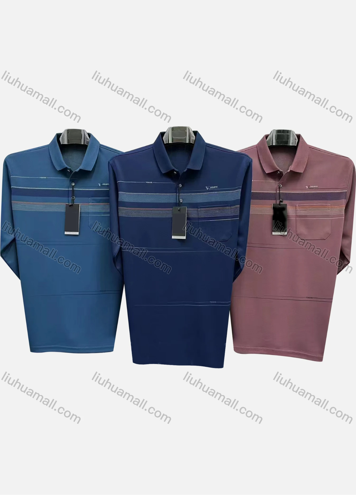 Wholesale Men's Casual Striped Patch Pocket Long Sleeve Polo Shirt 892# - Liuhuamall