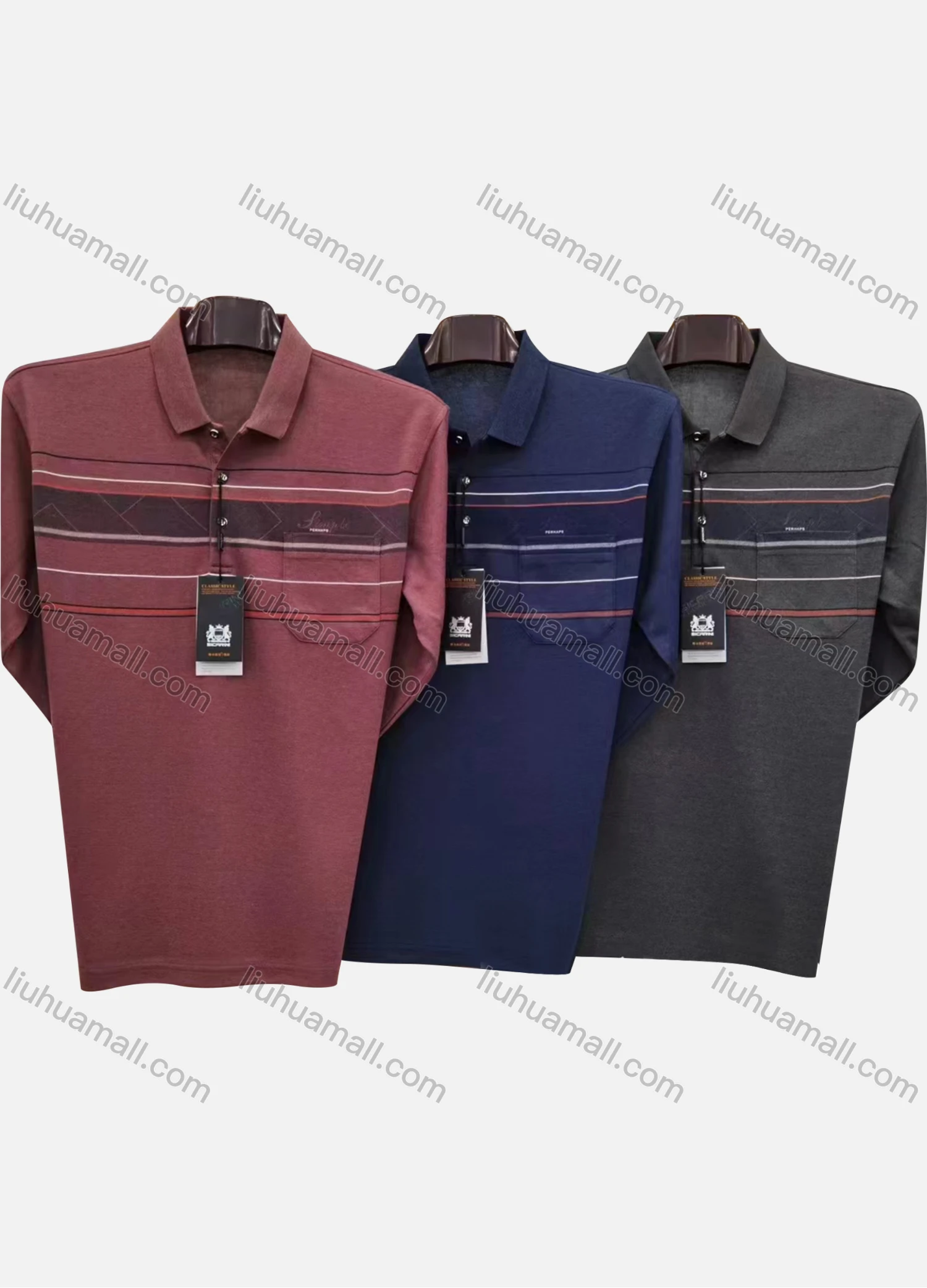 Wholesale Men's Casual Striped Patch Pocket Long Sleeve Polo Shirt 3317# - Liuhuamall