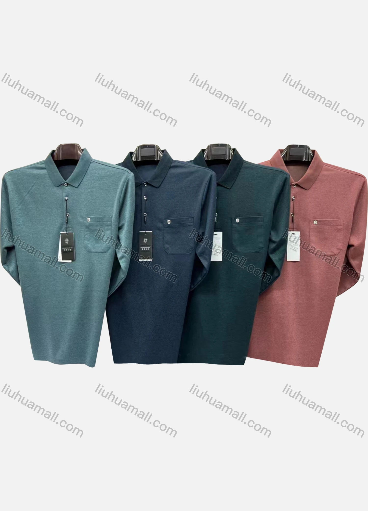 Wholesale Men's Casual Plain Patch Pocket Long Sleeve Polo Shirt 3605# - Liuhuamall