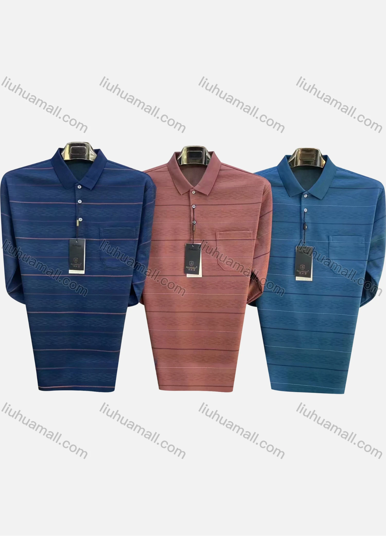 Wholesale Men's Casual Striped Patch Pocket Long Sleeve Polo Shirt 6907# - Liuhuamall