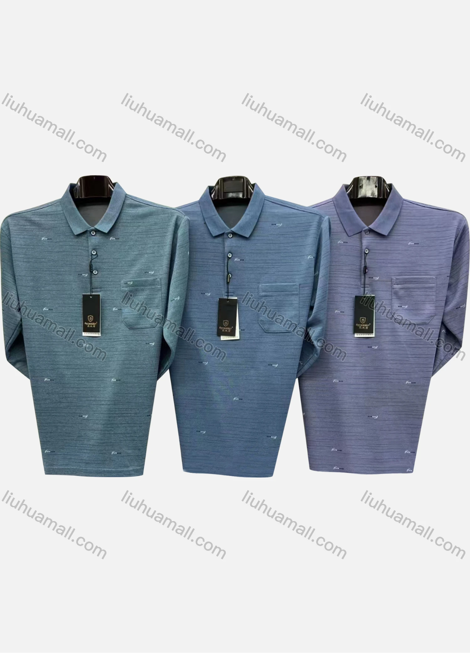 Wholesale Men's Casual Striped Patch Pocket Long Sleeve Polo Shirt 6908# - Liuhuamall