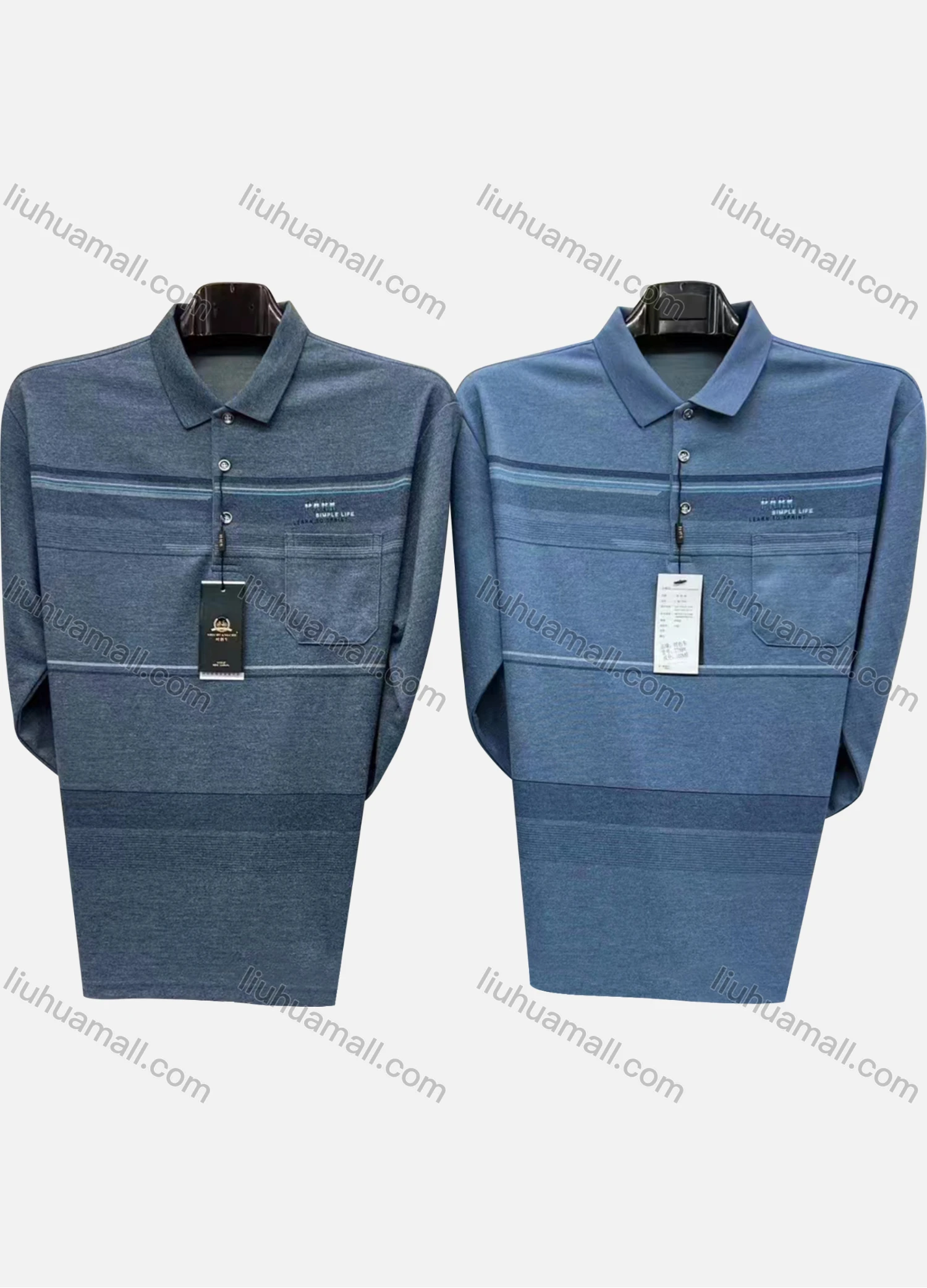 Wholesale Men's Casual Striped Patch Pocket Long Sleeve Polo Shirt 7789# - Liuhuamall