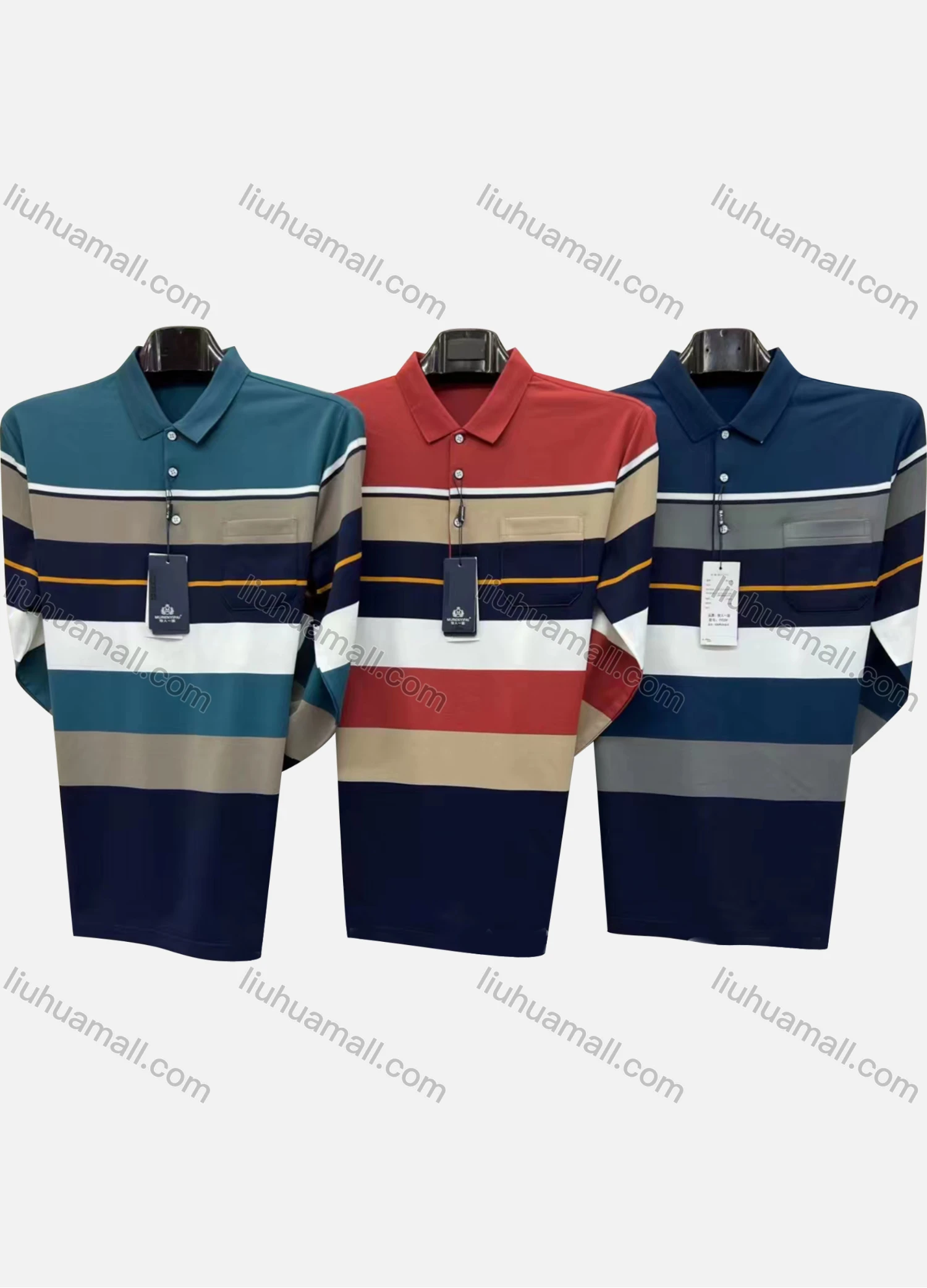 Wholesale Men's Casual Striped Colorblock Patch Pocket Long Sleeve Polo Shirt 7905# - Liuhuamall