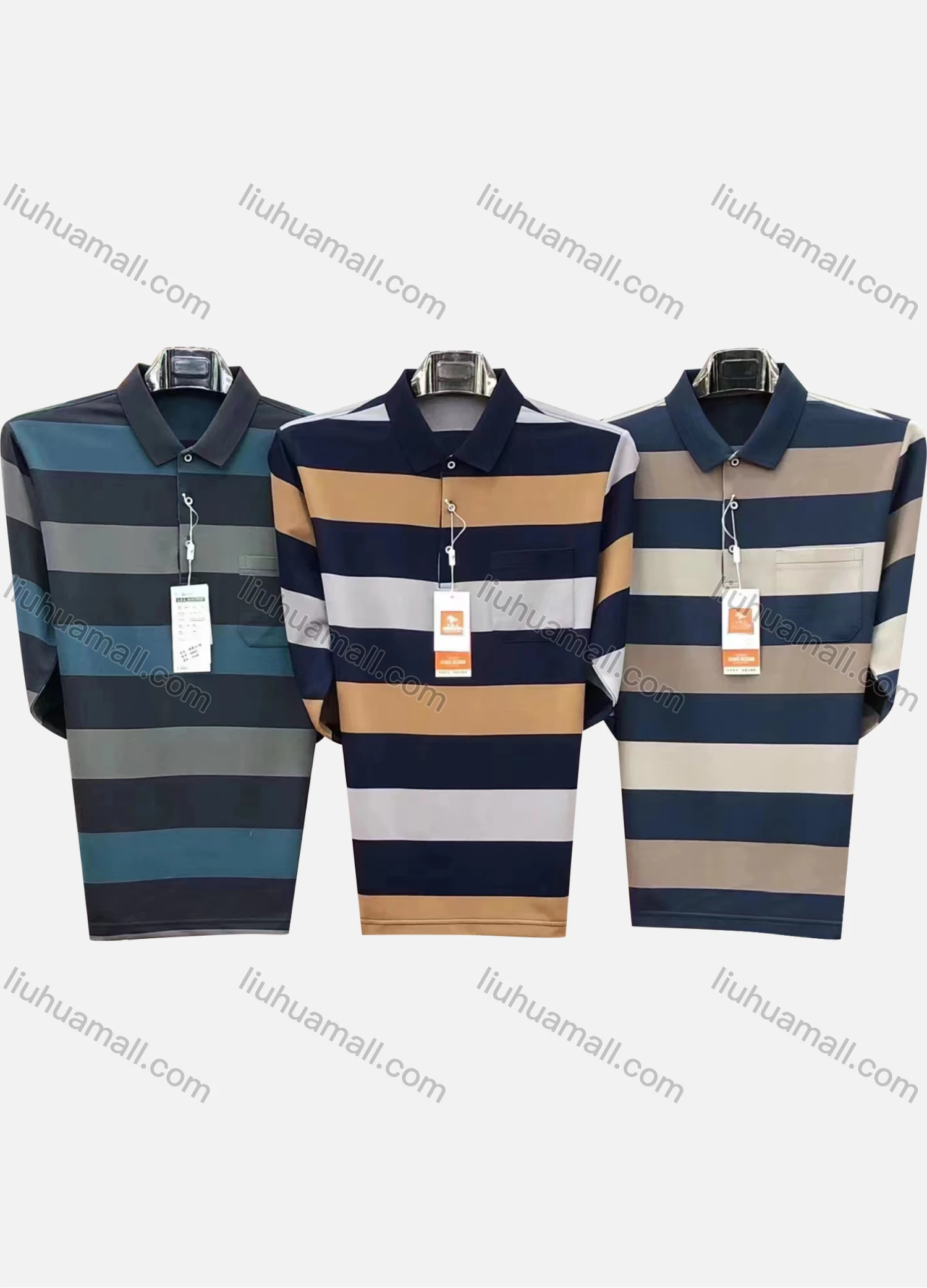 Wholesale Men's Casual Striped Colorblock Patch Pocket Long Sleeve Polo Shirt 8880# - Liuhuamall