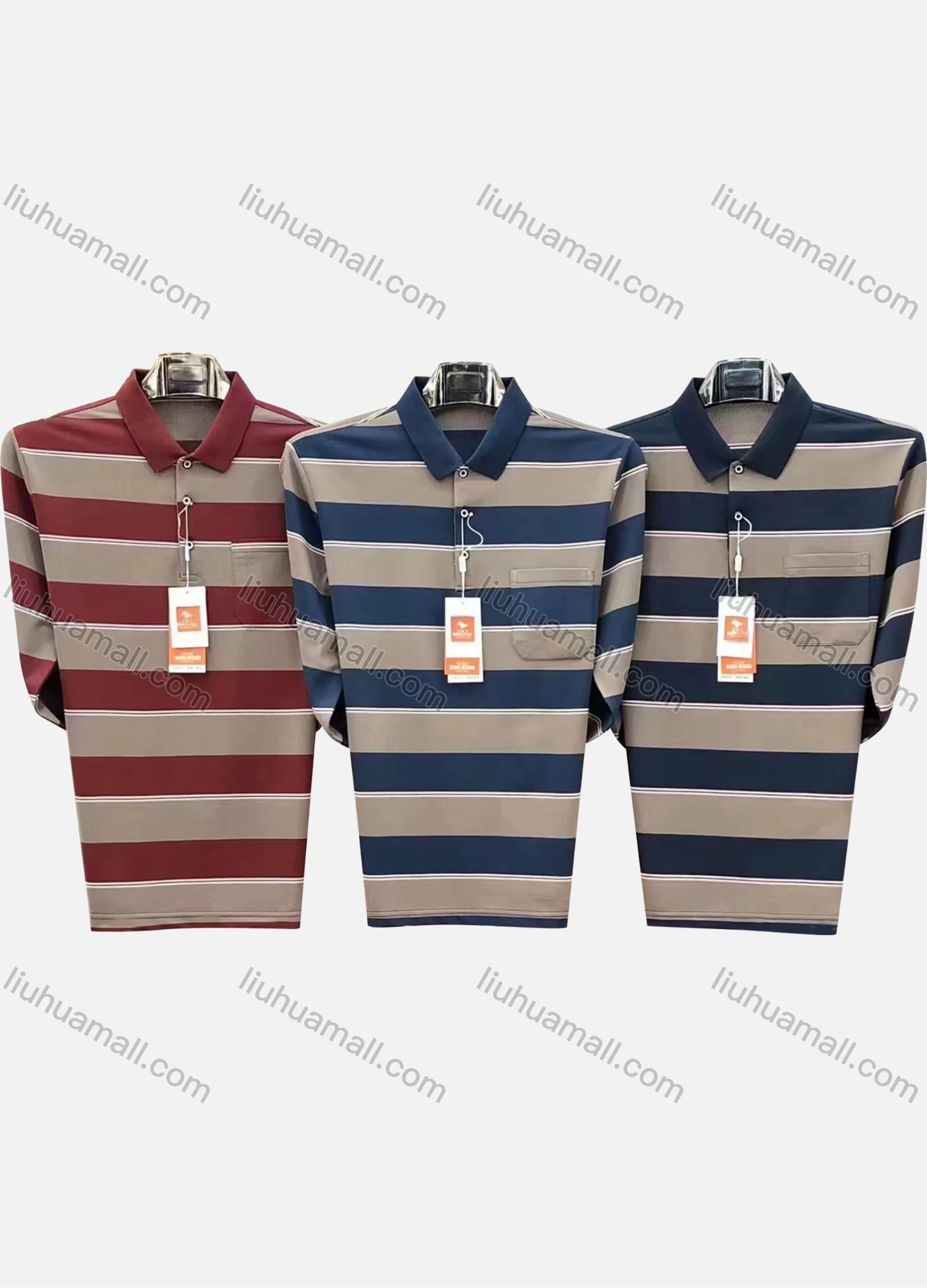 Wholesale Men's Casual Striped Patch Pocket Long Sleeve Polo Shirt 8895# - Liuhuamall