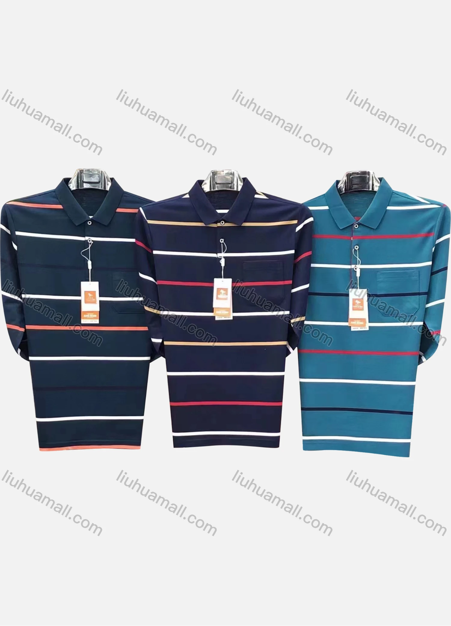 Wholesale Men's Casual Striped Patch Pocket Long Sleeve Polo Shirt 8897# - Liuhuamall
