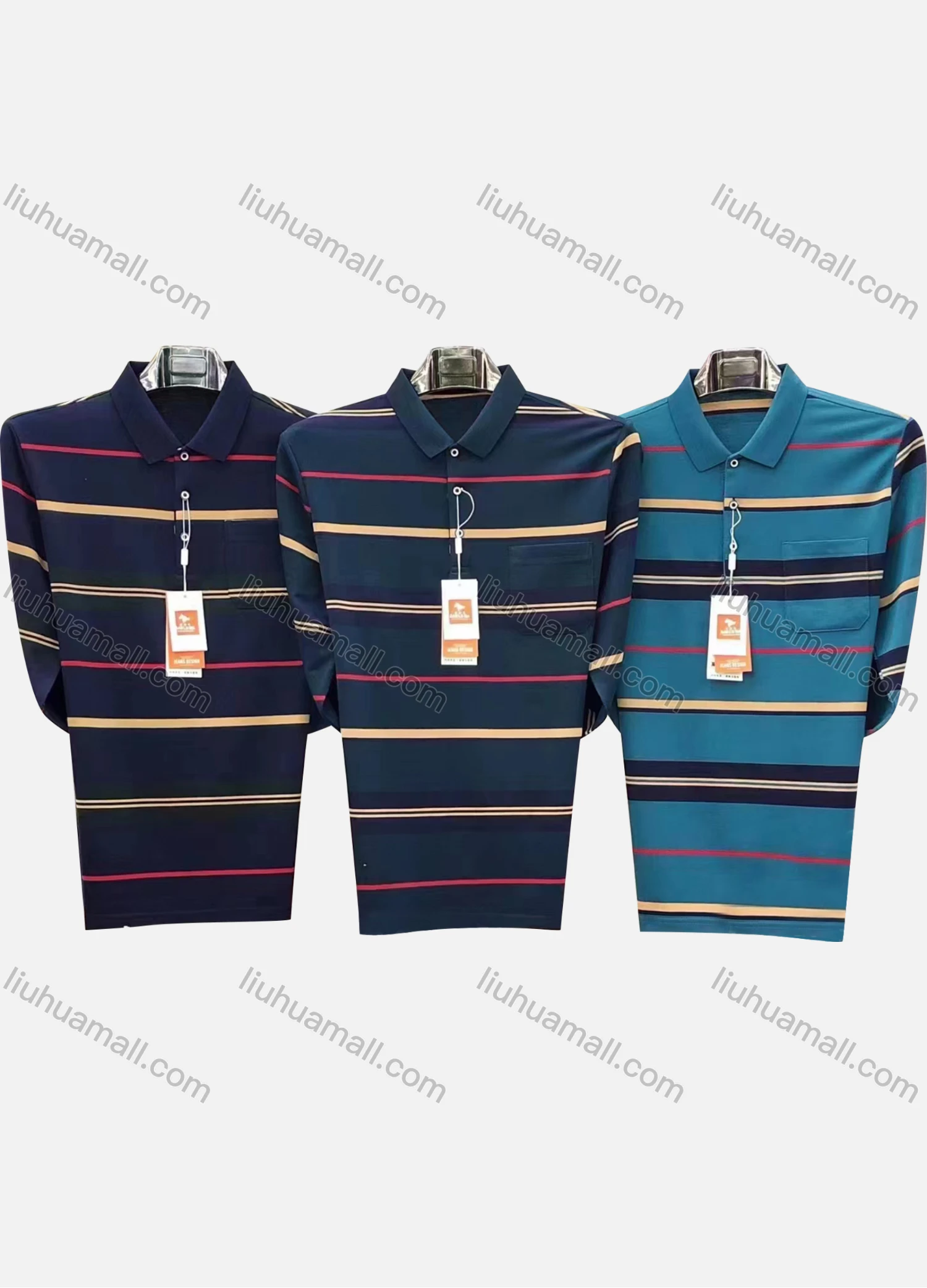 Wholesale Men's Casual Striped Patch Pocket Long Sleeve Polo Shirt 8899# - Liuhuamall