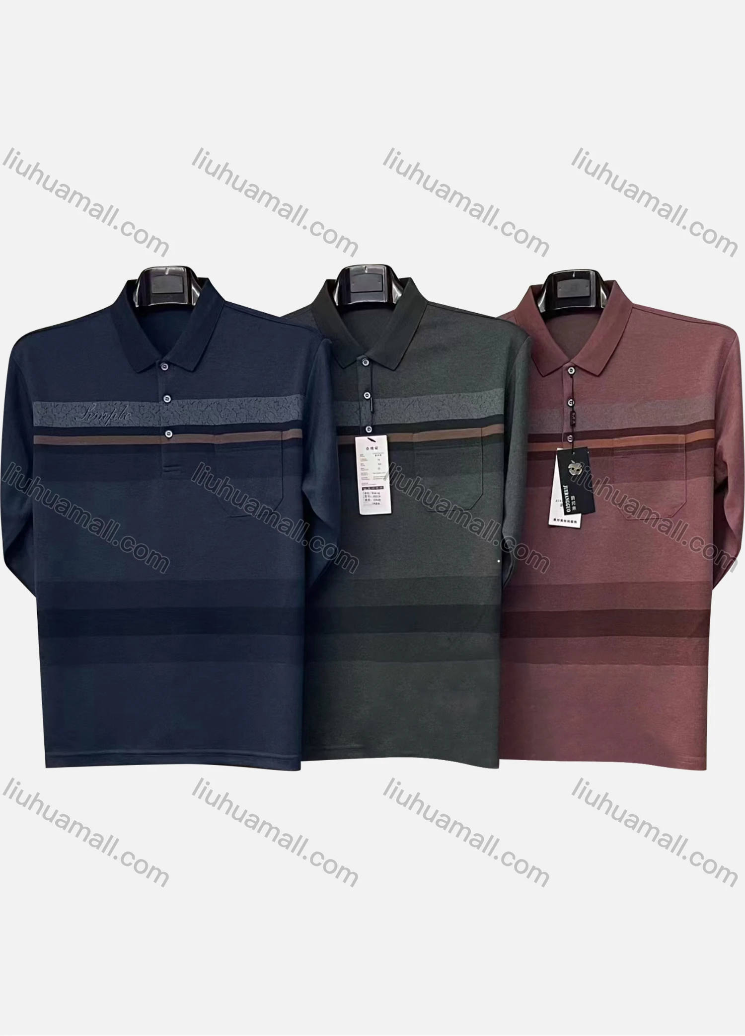 Wholesale Men's Casual Striped Patch Pocket Long Sleeve Polo Shirt 8952# - Liuhuamall