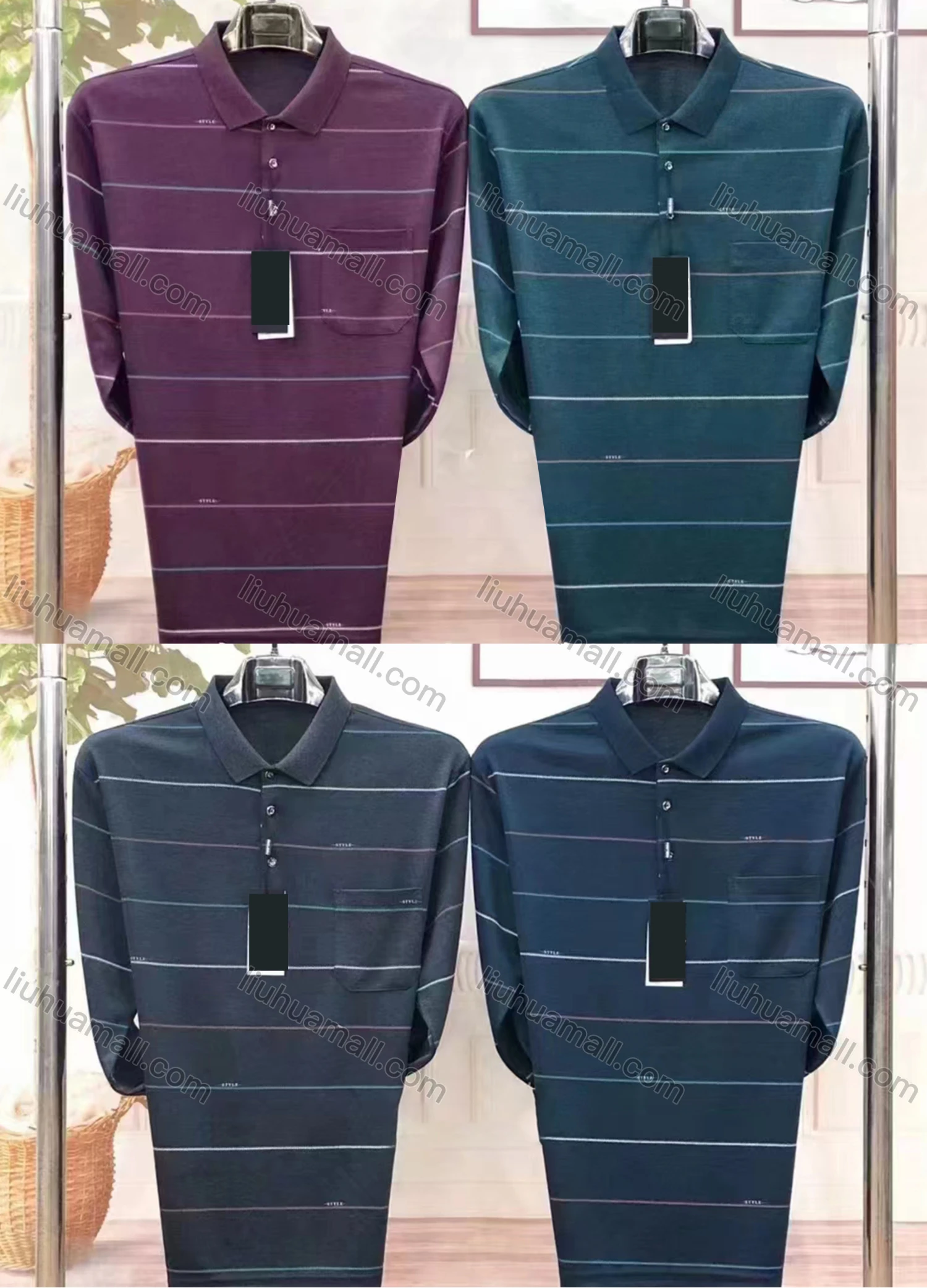 Wholesale Men's Casual Striped Patch Pocket Long Sleeve Polo Shirt 8959# - Liuhuamall