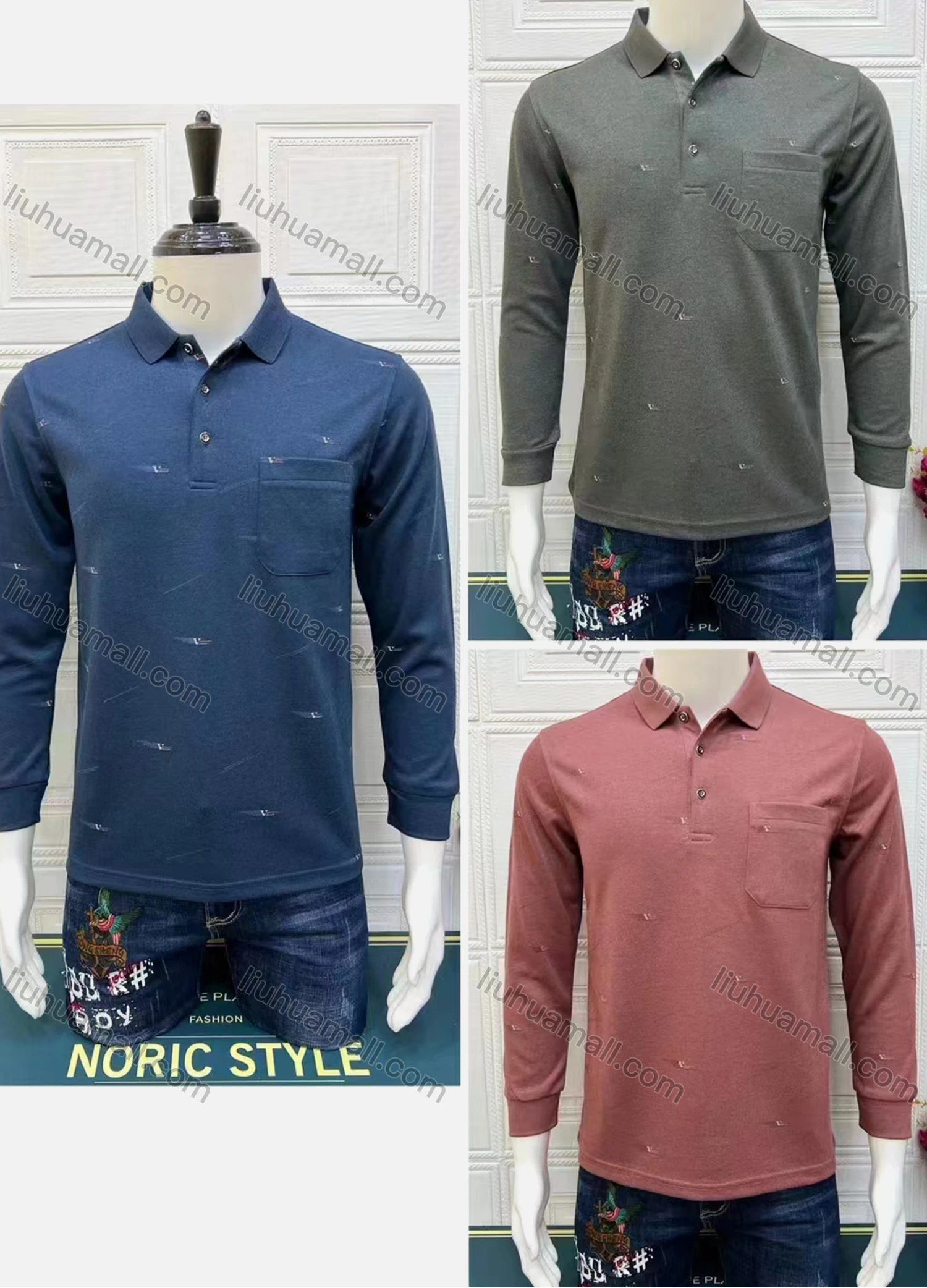 Wholesale Men's Casual Allover Print Patch Pocket Long Sleeve Polo Shirt A801# - Liuhuamall