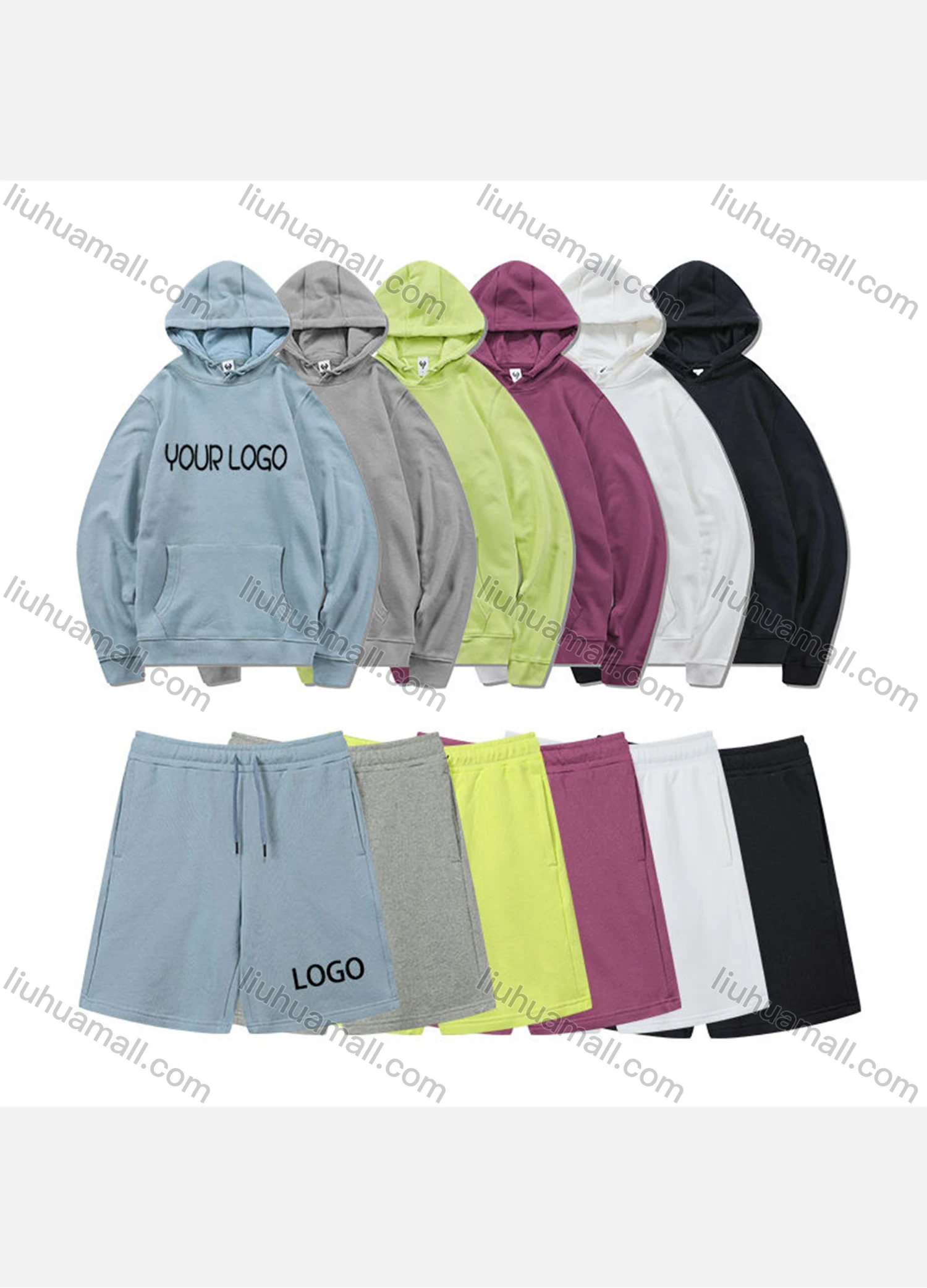 Wholesale Men's Basic Plain Jogging Sweatshirt Pullover Kangaroo Pocket Hoodie With Shorts 2 Piece Set JM-FSBH9999+JM-FS456# - Liuhuamall