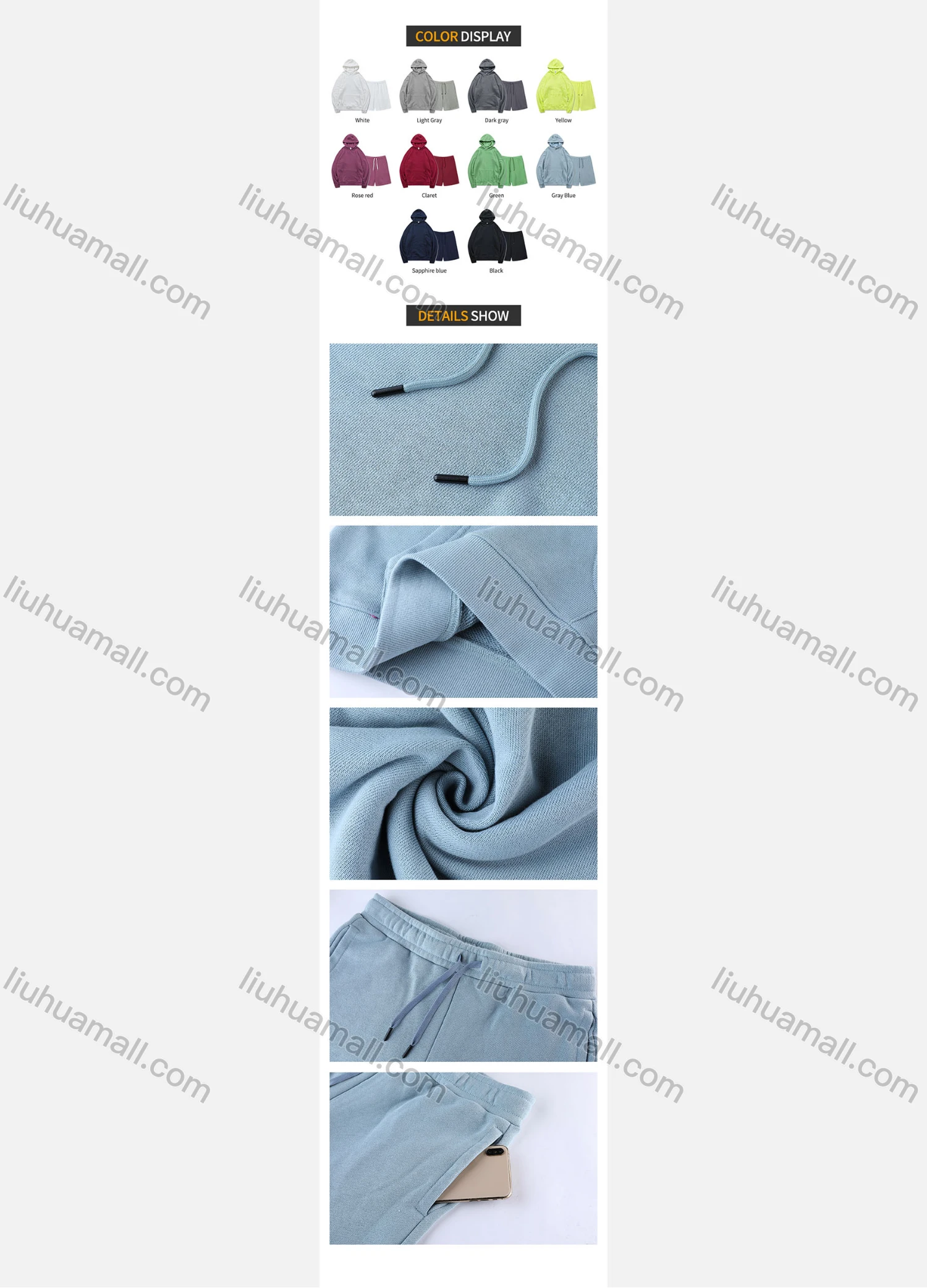 Wholesale Men's Basic Plain Jogging Sweatshirt Pullover Kangaroo Pocket Hoodie With Shorts 2 Piece Set JM-FSBH9999+JM-FS456# - Liuhuamall