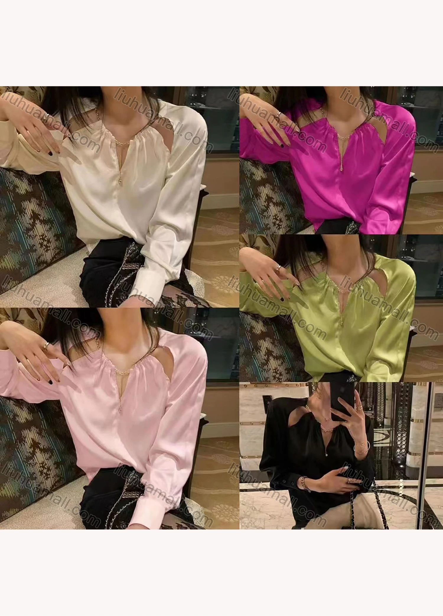 Wholesale Women's Casual Plain Notched Neck Shirt Sleeve Satin Blouse 6601# - Liuhuamall