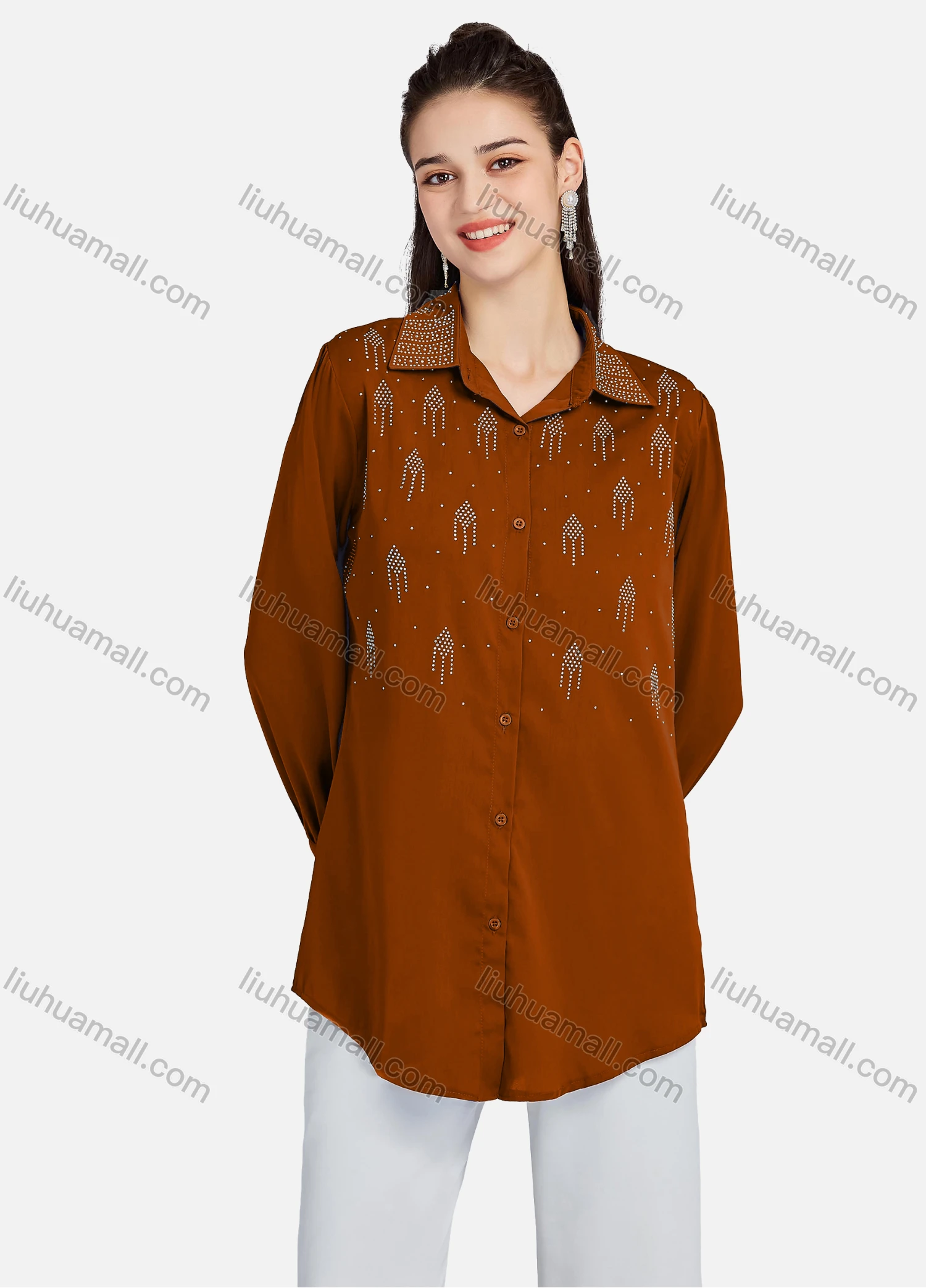 Wholesale Men's Plain Rhinestones Applique Long Sleeve Curved Hem Shirt LL-33034# - Liuhuamall