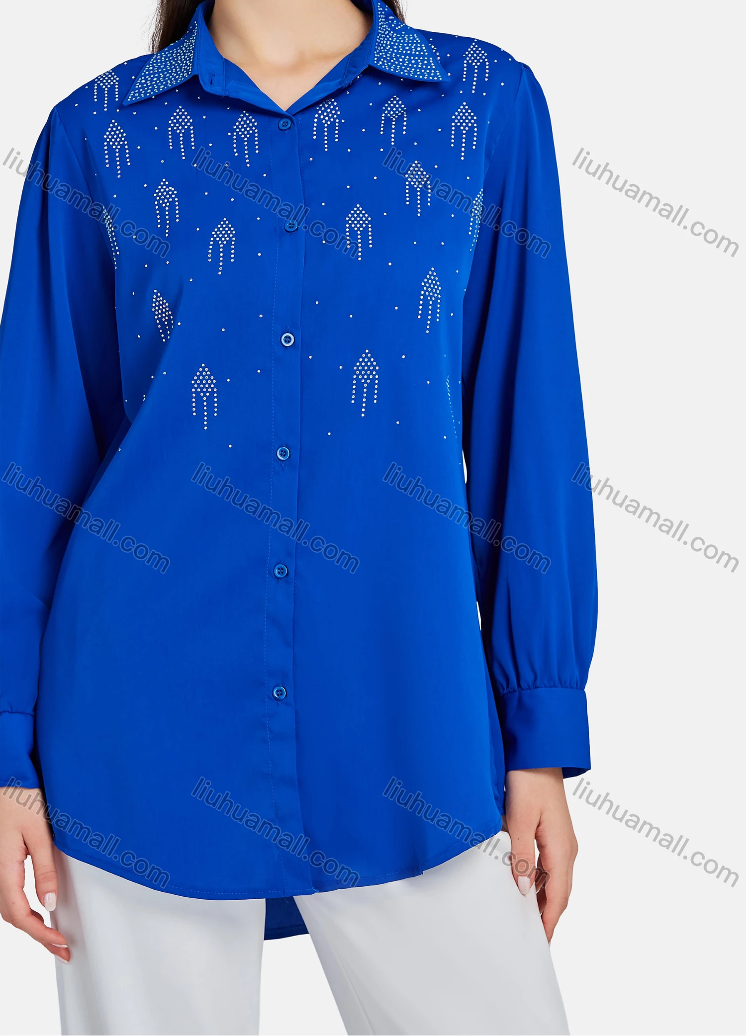 Wholesale Men's Plain Rhinestones Applique Long Sleeve Curved Hem Shirt LL-33034# - Liuhuamall