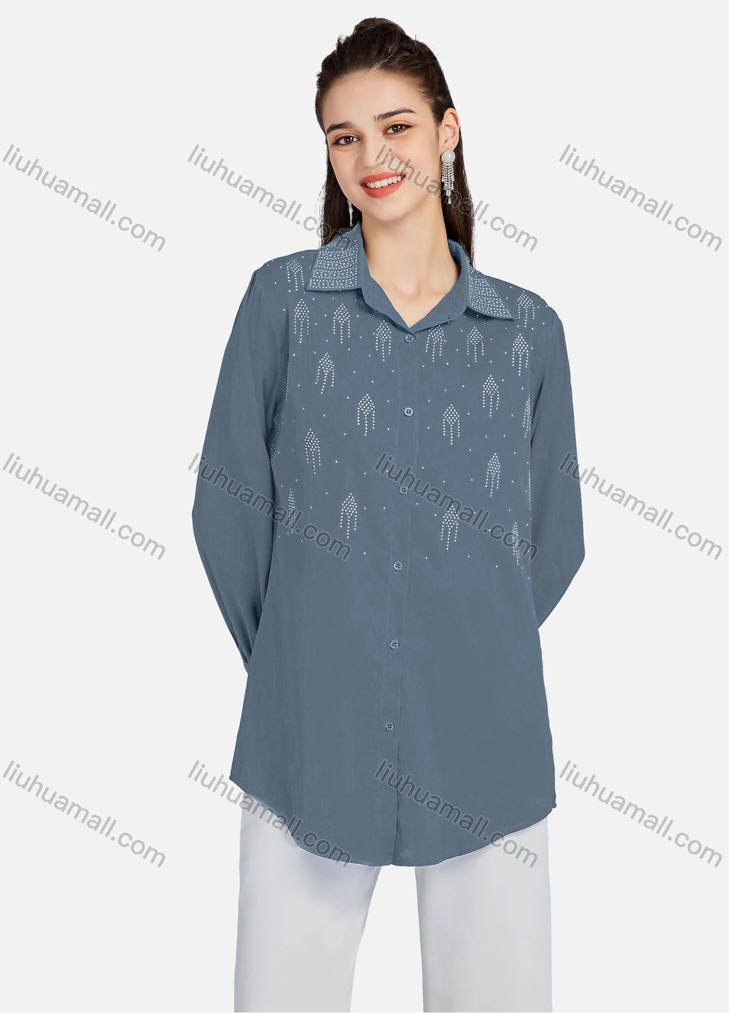 Wholesale Men's Plain Rhinestones Applique Long Sleeve Curved Hem Shirt LL-33034# - Liuhuamall
