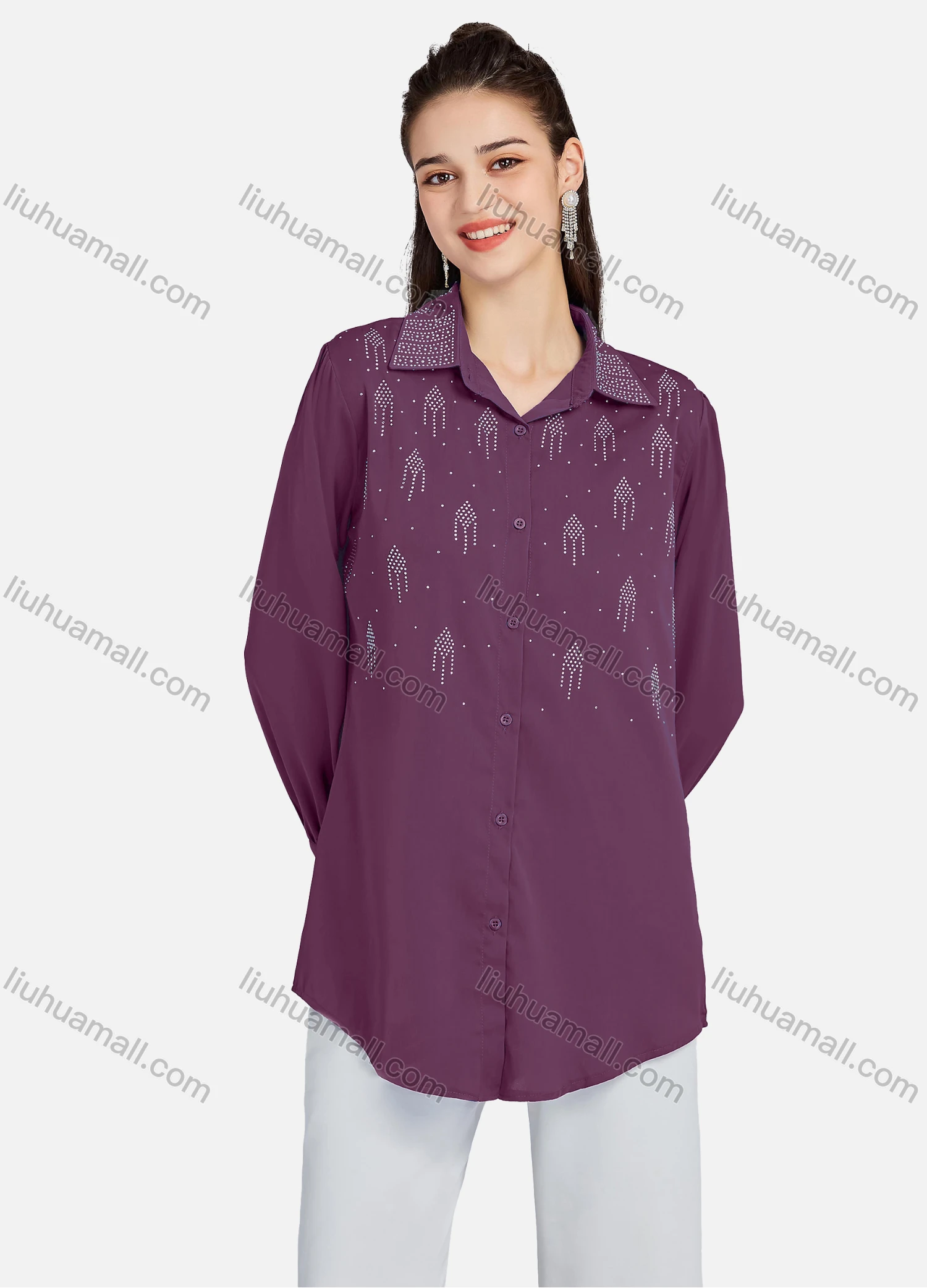 Wholesale Men's Plain Rhinestones Applique Long Sleeve Curved Hem Shirt LL-33034# - Liuhuamall