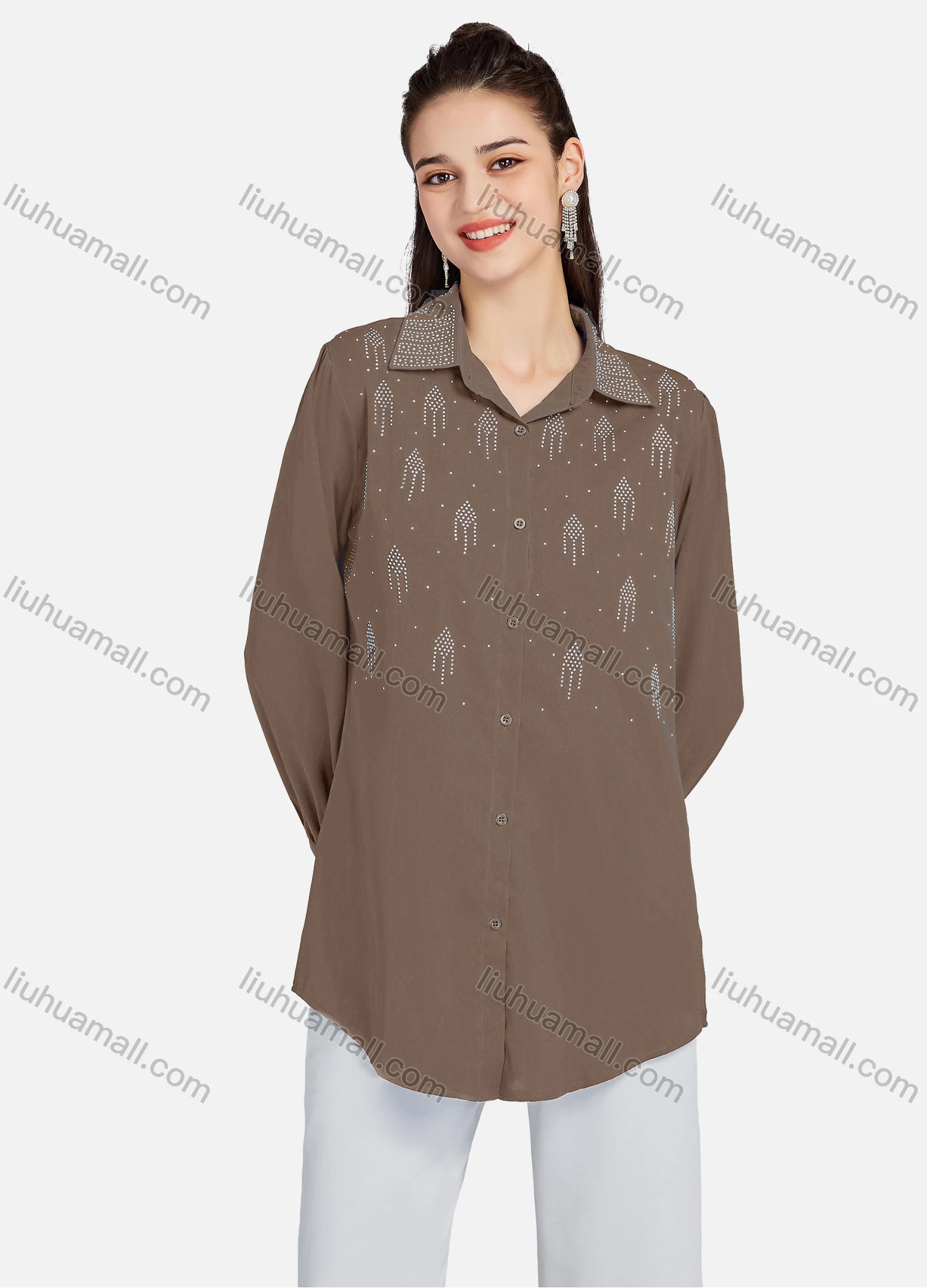 Wholesale Men's Plain Rhinestones Applique Long Sleeve Curved Hem Shirt LL-33034# - Liuhuamall