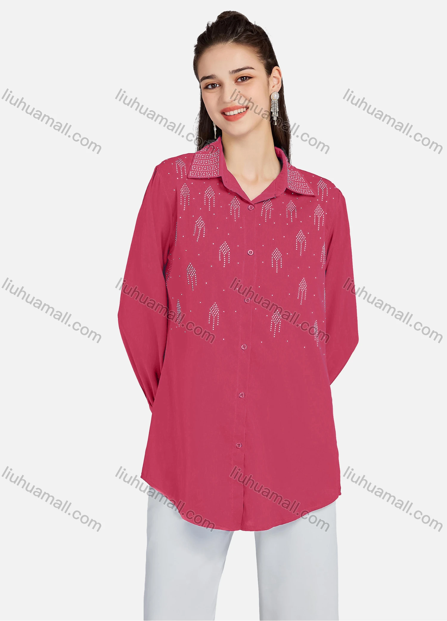 Wholesale Men's Plain Rhinestones Applique Long Sleeve Curved Hem Shirt LL-33034# - Liuhuamall