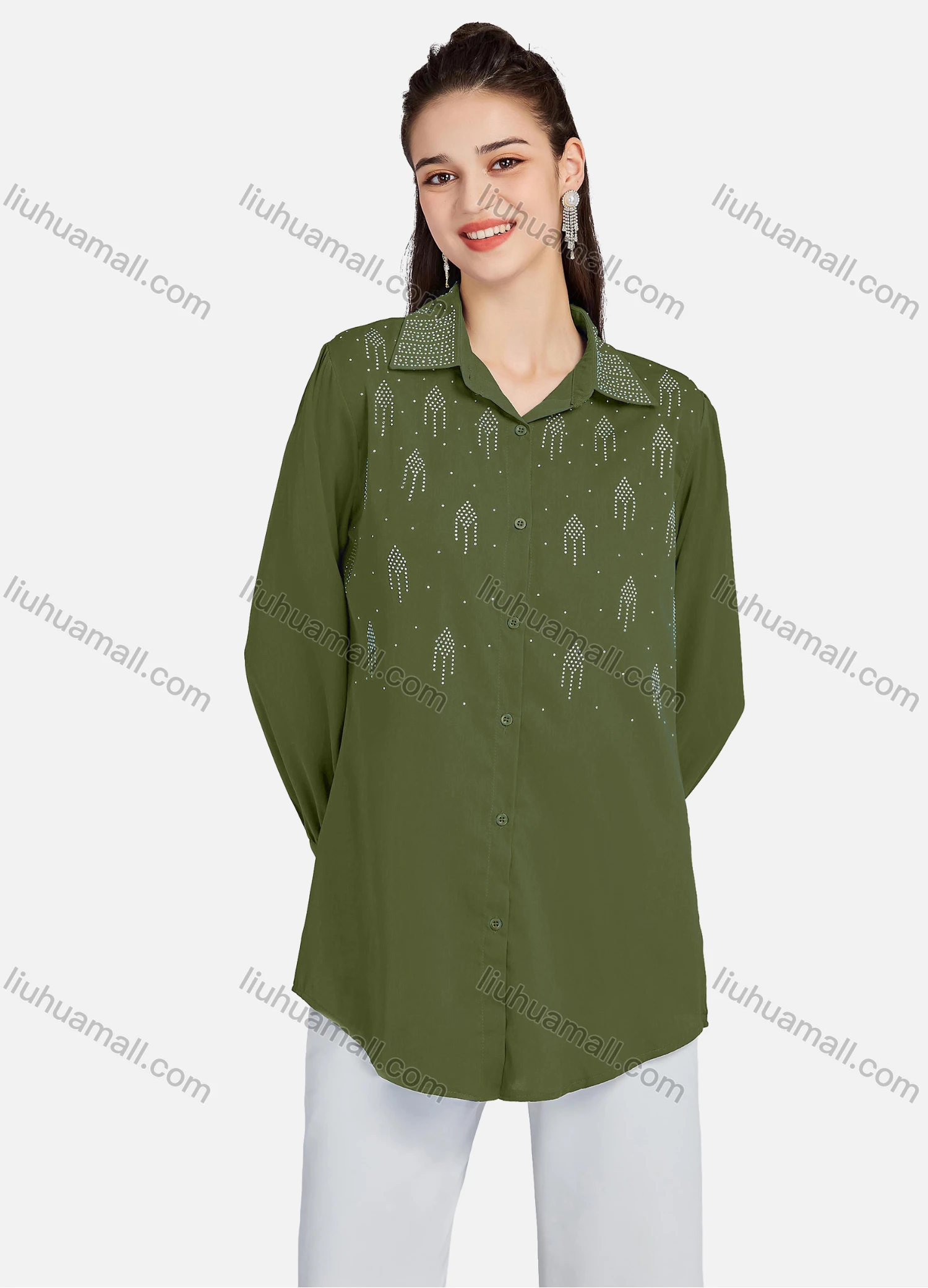Wholesale Men's Plain Rhinestones Applique Long Sleeve Curved Hem Shirt LL-33034# - Liuhuamall