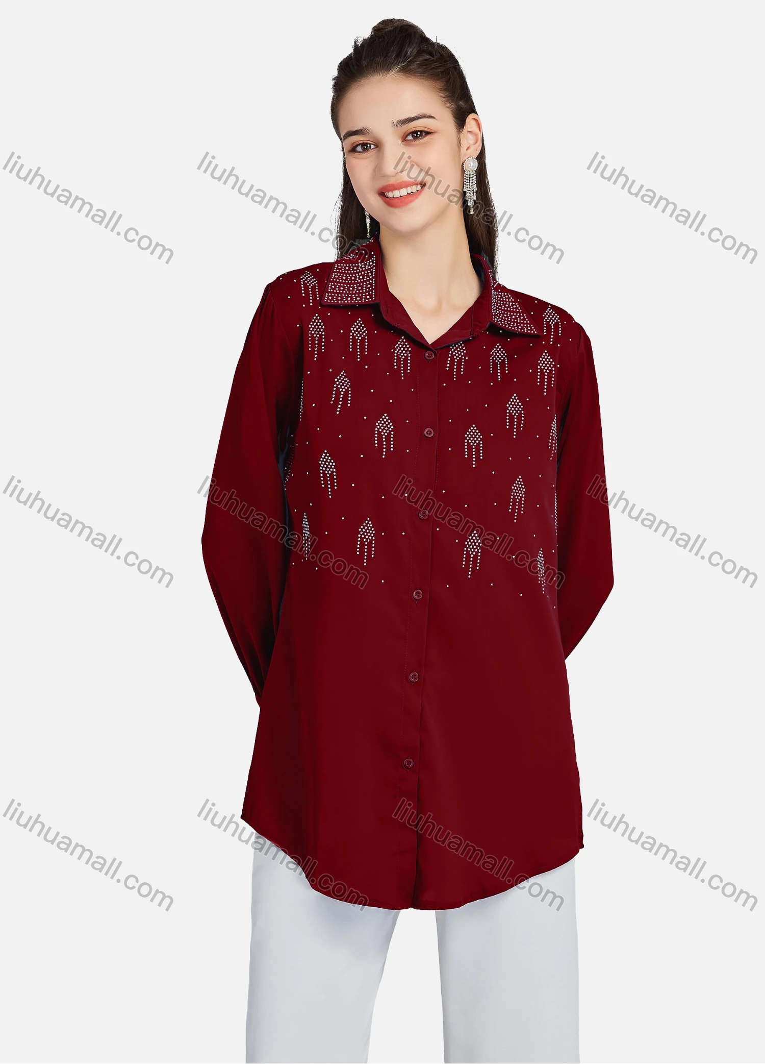 Wholesale Men's Plain Rhinestones Applique Long Sleeve Curved Hem Shirt LL-33034# - Liuhuamall