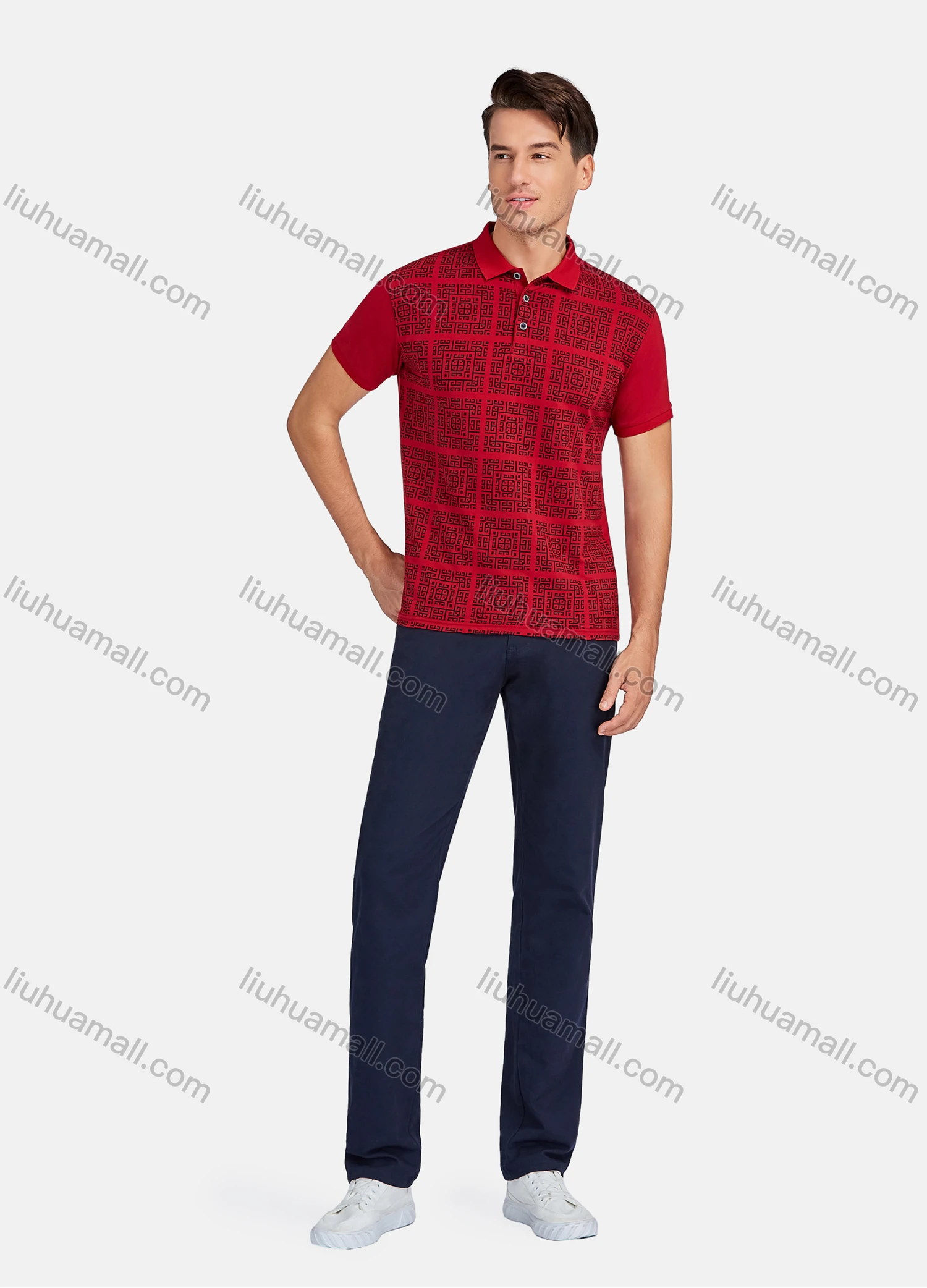 Wholesale Men's Casual Greek Key Print Short Sleeve Polo Shirts - Liuhuamall