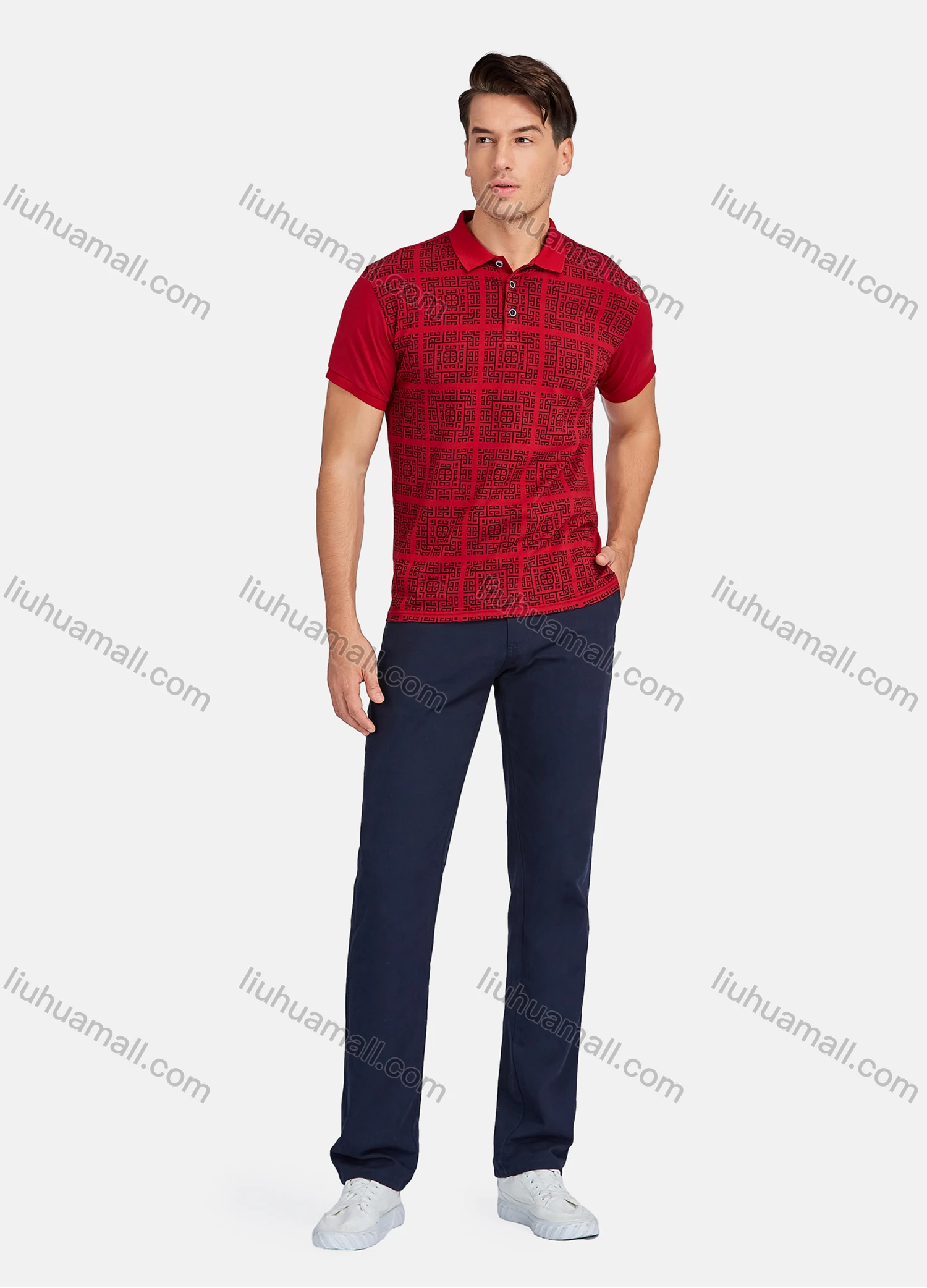 Wholesale Men's Casual Greek Key Print Short Sleeve Polo Shirts - Liuhuamall