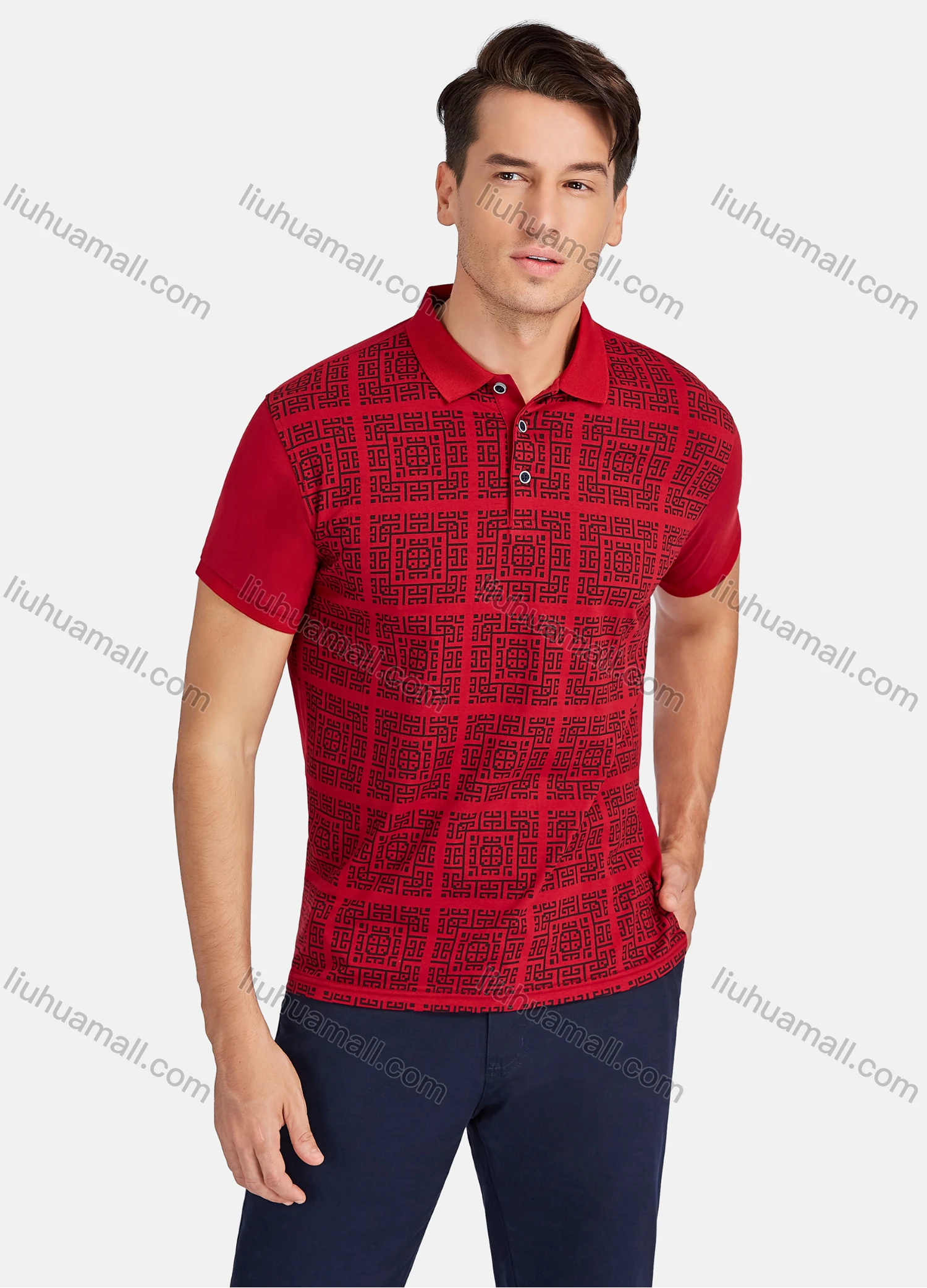 Wholesale Men's Casual Greek Key Print Short Sleeve Polo Shirts - Liuhuamall